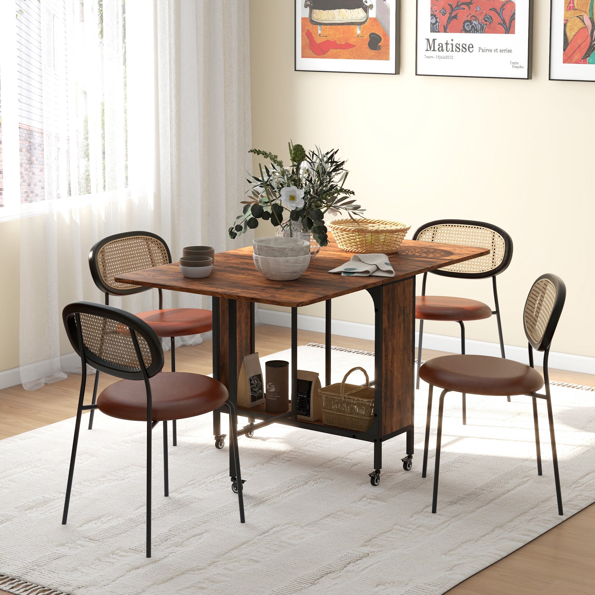 Folding Dining Table, Extendable Kitchen Table for Small Spaces with Storage Shelf and 6 Wheels, Rustic Brown Dining Tables at Gallery Canada