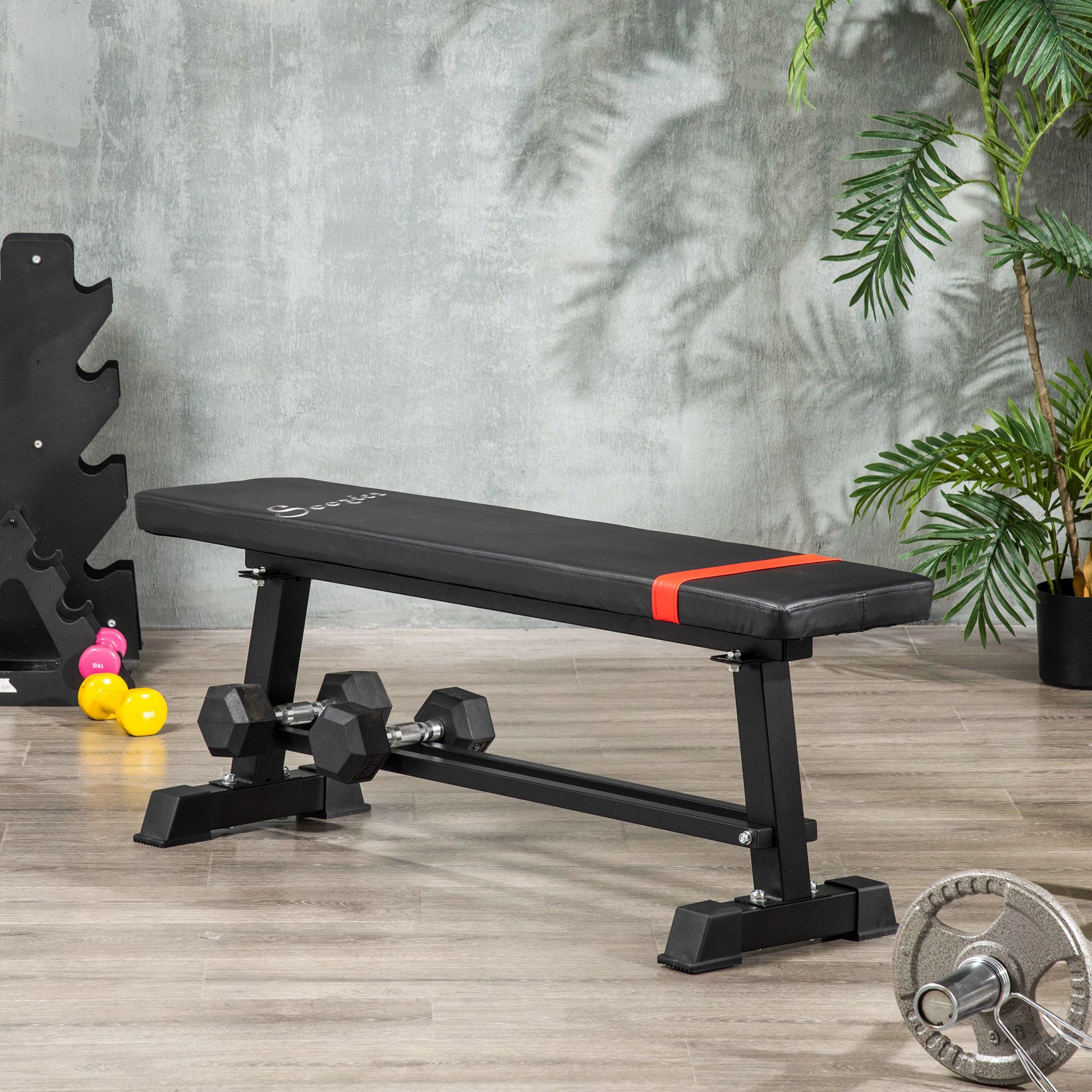 Flat Weight Bench with Dumbbell Rack, Padded Seat and Anti-slip Foot Pads for Home Gym Workout Weight Benches Black  at Gallery Canada