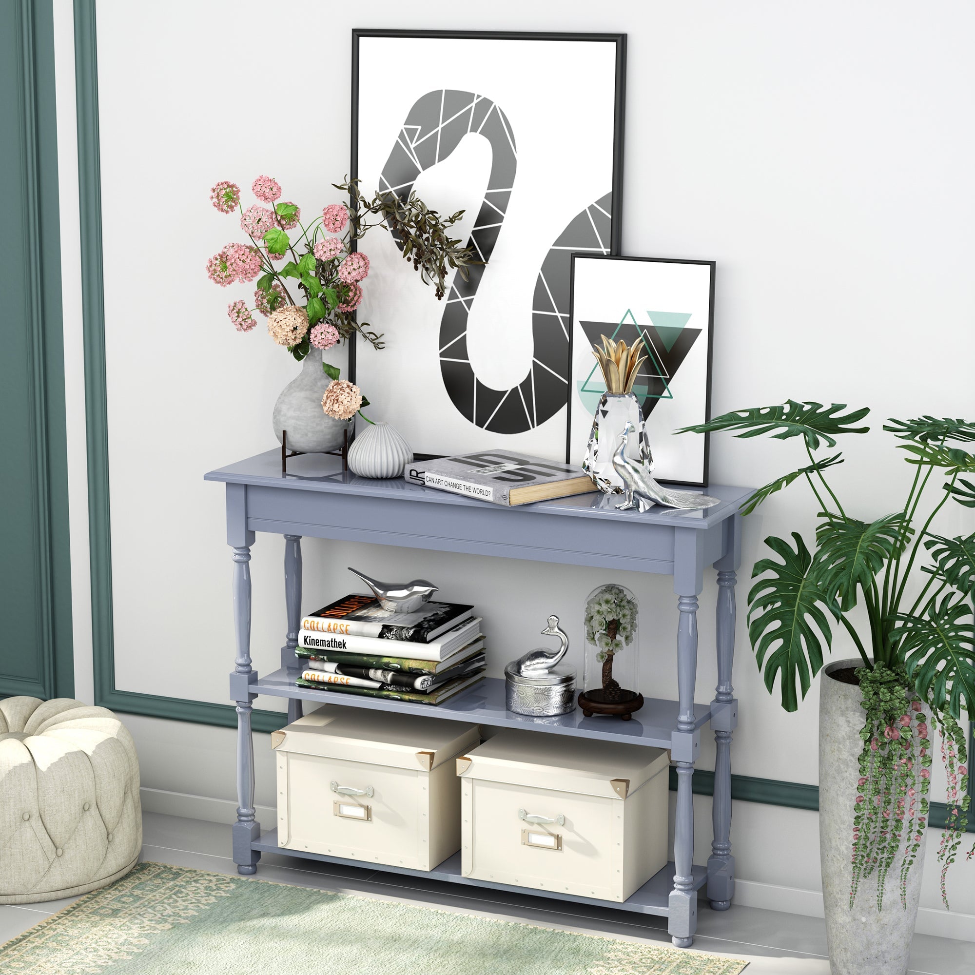 Console Table Modern Sofa Table with 2 Tier Shelves for Living Room, Entryway, Bedroom, Grey Console Tables   at Gallery Canada