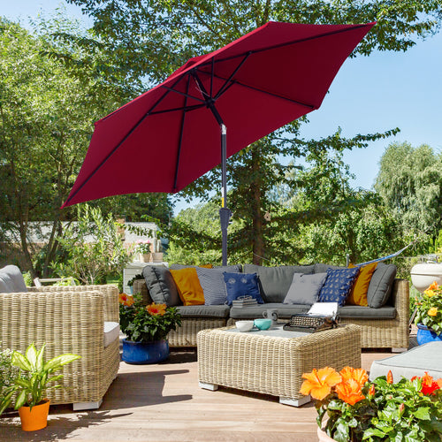8.5FT Patio Umbrella, Round Garden Parasol with 6 Ribs, Market Sunshade Tilt Canopy w/ Crank Handle for Outdoor, Wine Red