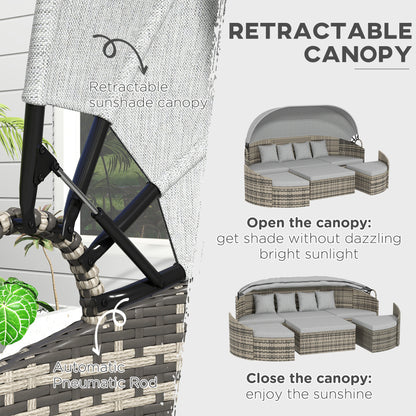 4 Pieces Patio PE Wicker Round Daybed, Outdoor Rattan Garden Lounge Furniture Sets, Light Grey Daybeds   at Gallery Canada