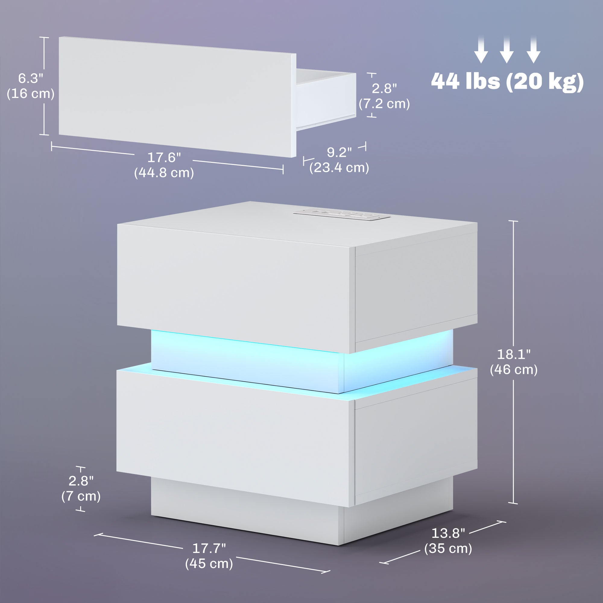 Bedside Table with Charging Station and LED Light Modern Nightstand with USB Ports AC Outlets Drawers Remote, White Bedside Tables at Gallery Canada