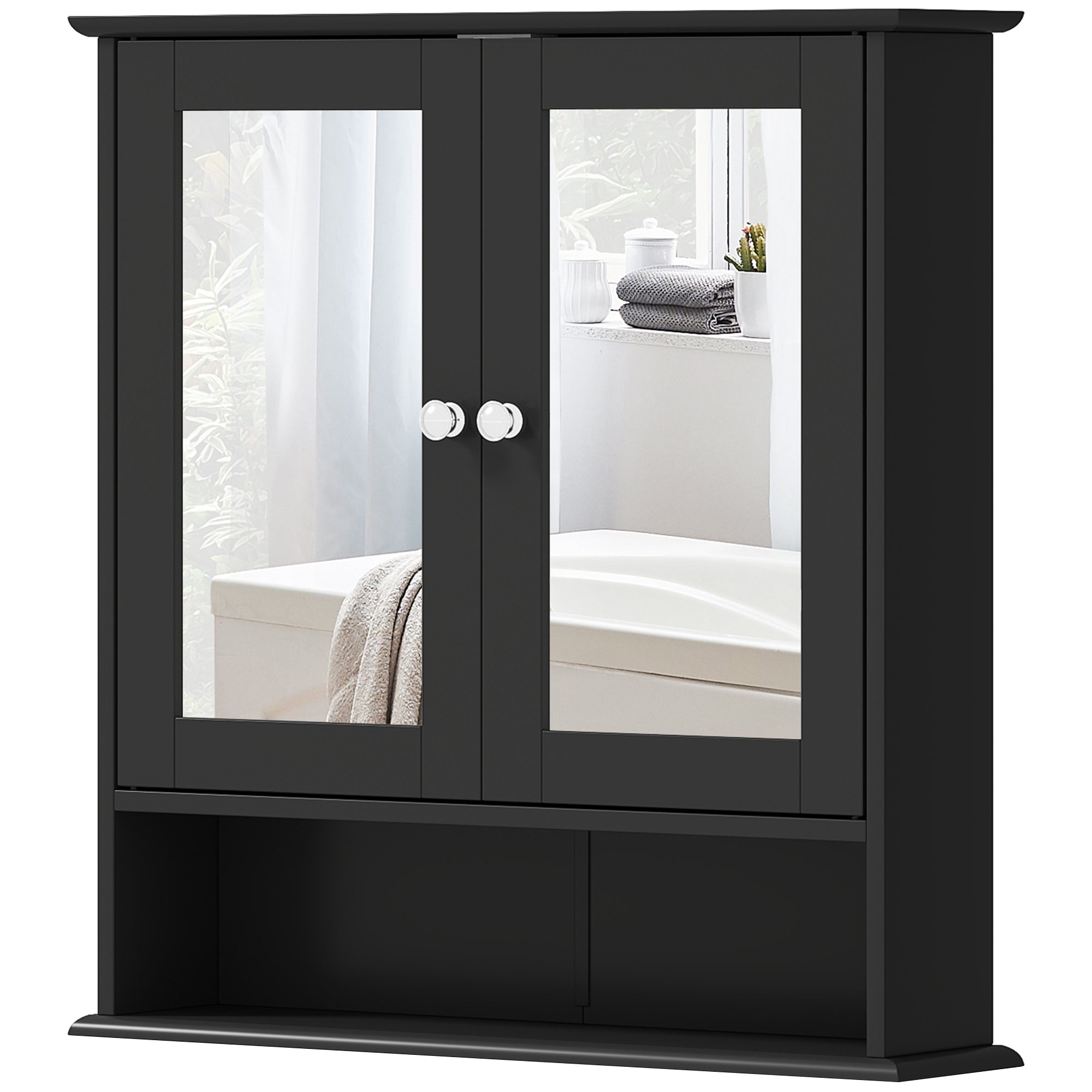 Medicine Cabinet, Wall-Mounted Bathroom Mirror Cabinet with Double Doors, Open Shelf, and Adjustable Shelf, Modern Bathroom Wall Cabinet, Black Mirror Medicine Cabinets Black at Gallery Canada