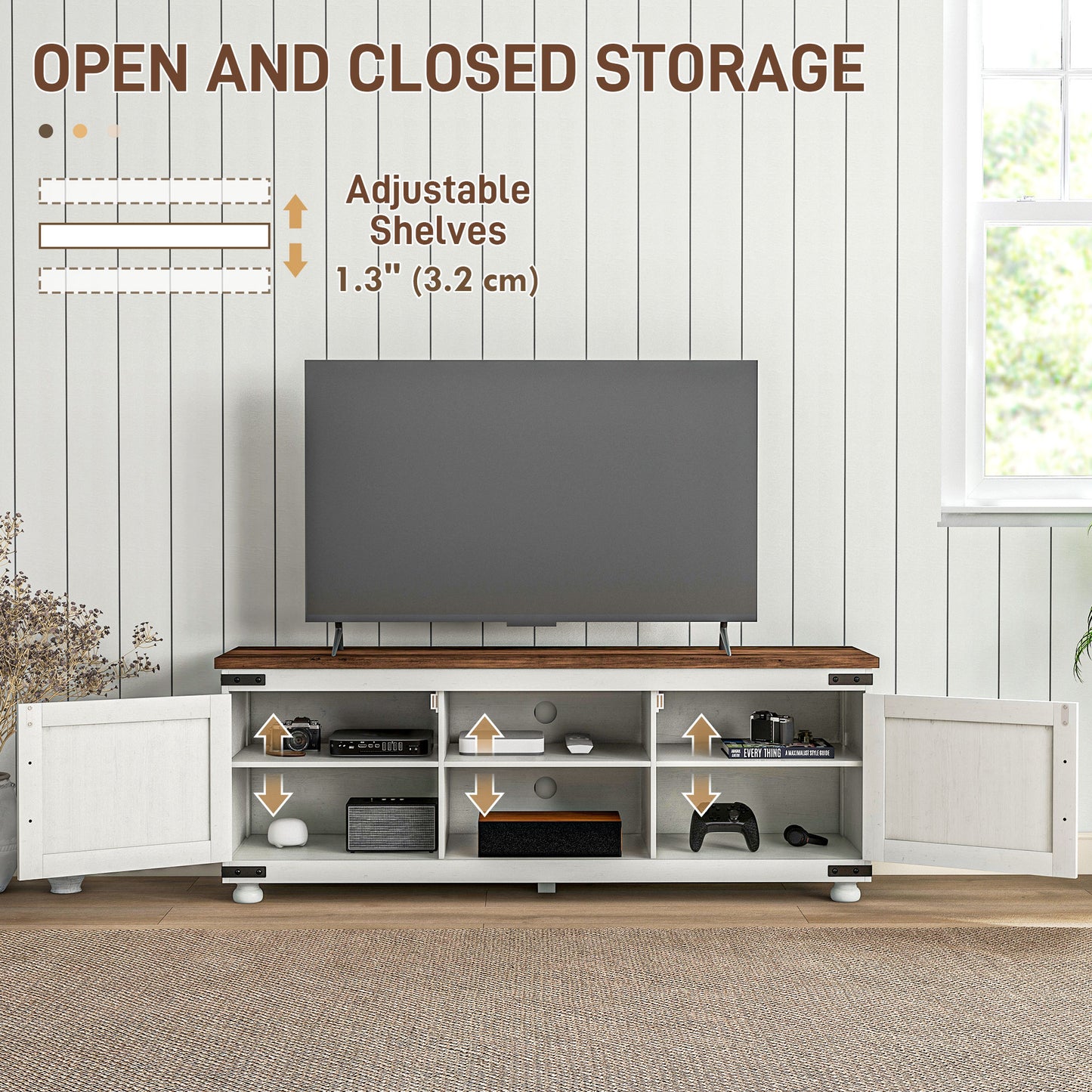 Farmhouse TV Stand for up to 65" TV, TV Cabinet with Barn Doors, Cable Management for Living Room, Distressed White TV Stands   at Gallery Canada