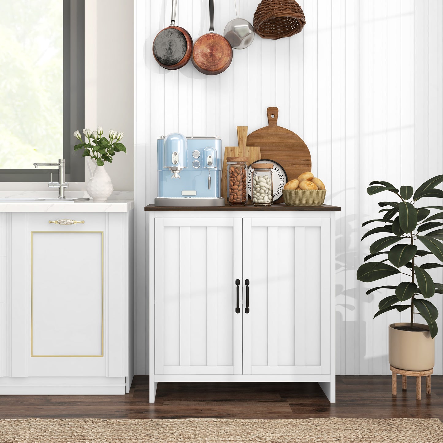 Kitchen Sideboard, Modern Storage Cabinet with Beadboard Doors and Adjustable Shelf for Dining Room, White Storage Cabinets   at Gallery Canada