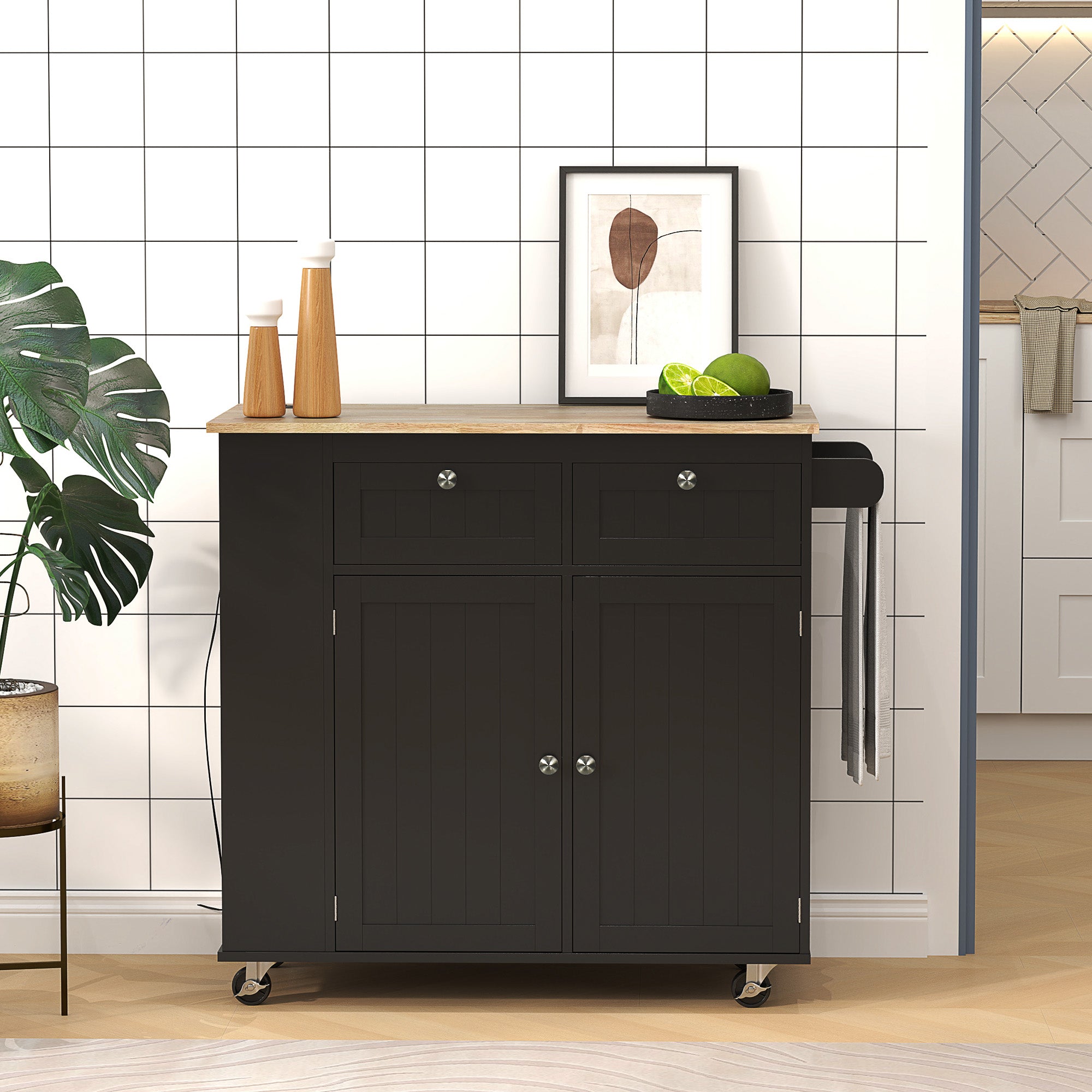 Kitchen Island with Power Outlet and Drop Leaf, Rolling Kitchen Cart with 2 Drawers and Adjustable Shelves, Black Kitchen Islands & Kitchen Carts at Gallery Canada