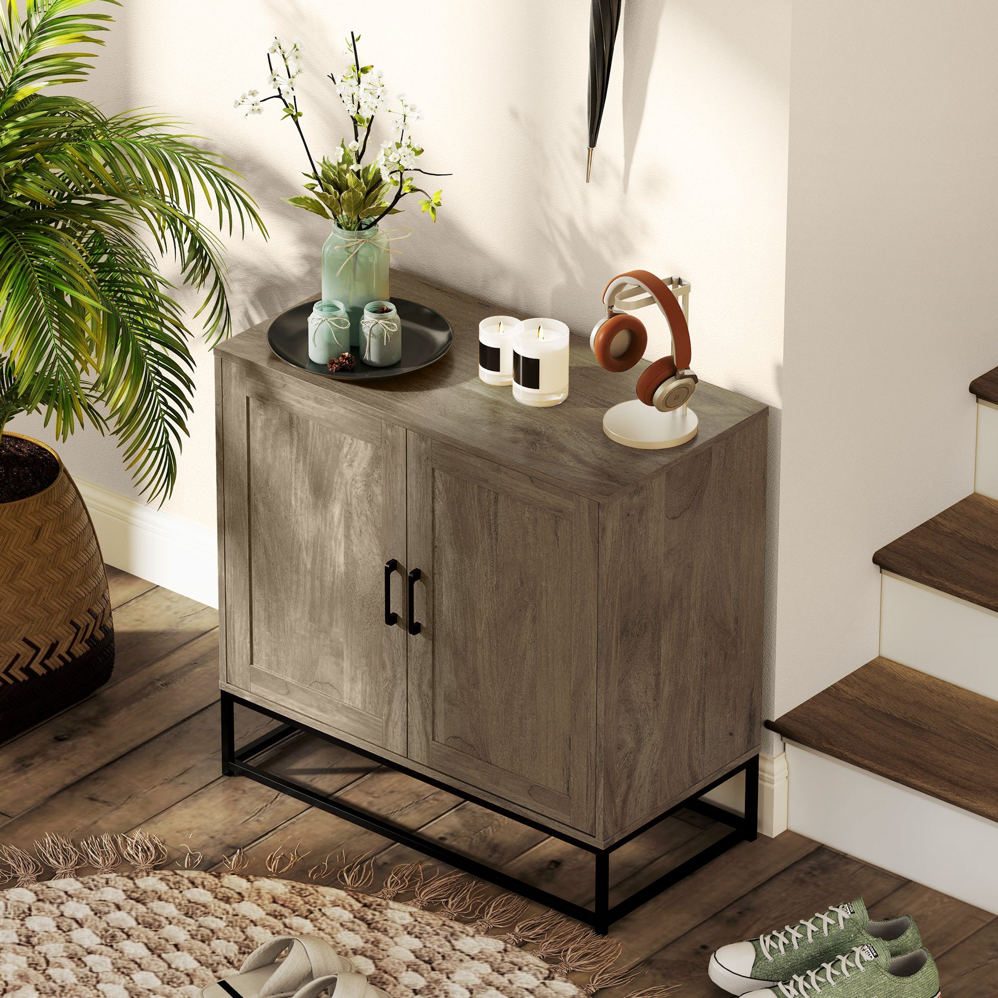 Kitchen Storage Cabinet, Wood Effect Sideboard Buffet Cabinet with Adjustable Shelf and 2 Doors, Nature Wood Storage Cabinets at Gallery Canada