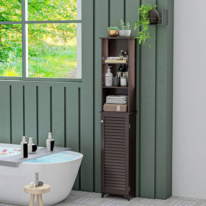 Tall Bathroom Storage Cabinet, Freestanding Linen Tower with 3-Tier Open Adjustable Shelf and Cupboard, Dark Brown Bathroom Cabinets   at Gallery Canada