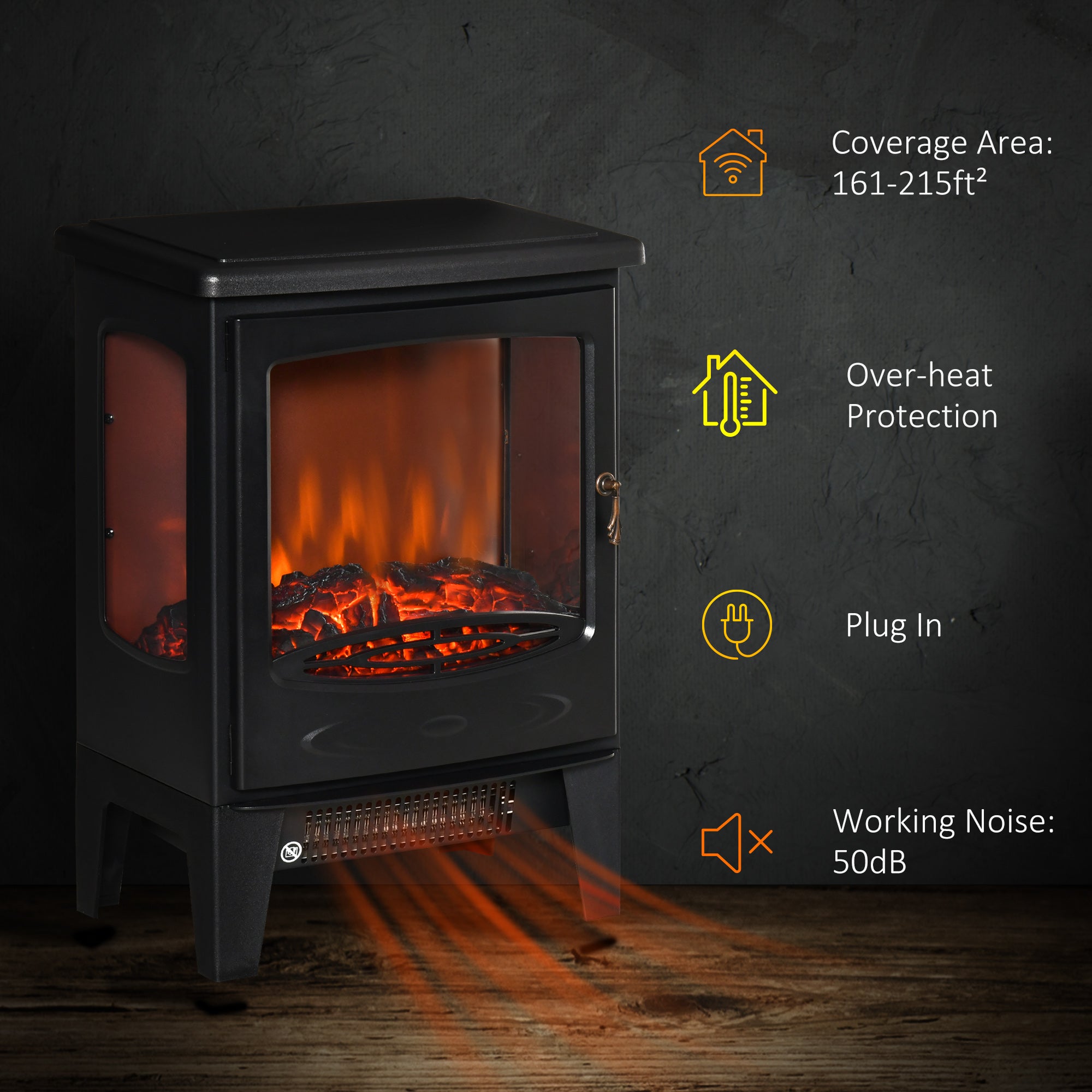 Freestanding Electric Fireplace Heater with Adjustable Flame & Temp, 750W/1500W, Black Electric Fireplaces   at Gallery Canada