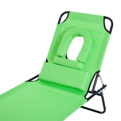 Adjustable Folding Outdoor Lounge Chair with Reading Hole and Pillow, Green Lounger Chairs   at Gallery Canada