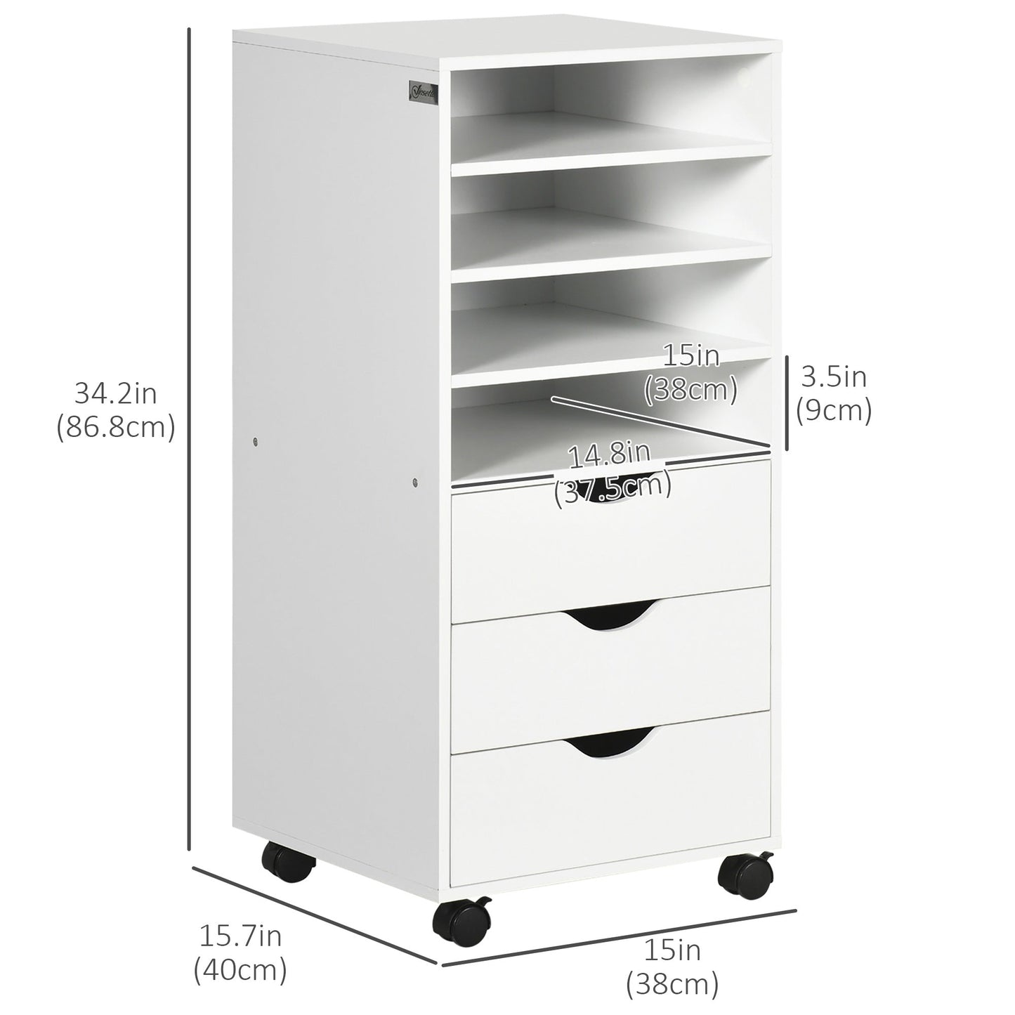 Vertical Filing Cabinet, Mobile File Cabinet on Wheels with 3 Drawers and 4 Open Shelves for Home Office, White Office Cabinets & Cupboards   at Gallery Canada