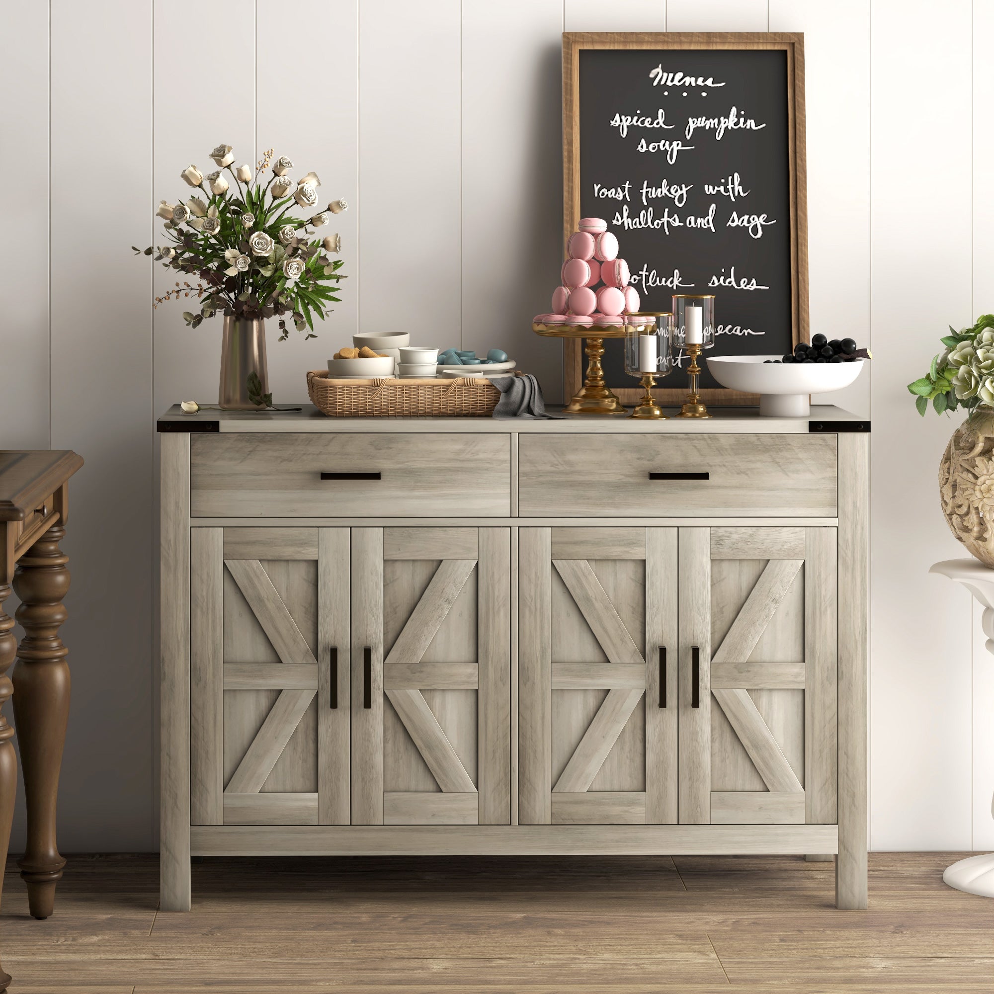 Farmhouse Buffet Cabinet Sideboard with 2 Drawers, 2 Storage Cabinets and Adjustable Shelves, Grey Bar Cabinets Grey  at Gallery Canada