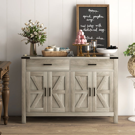 Farmhouse Buffet Cabinet Sideboard with 2 Drawers, 2 Storage Cabinets and Adjustable Shelves, Grey Bar Cabinets   at Gallery Canada