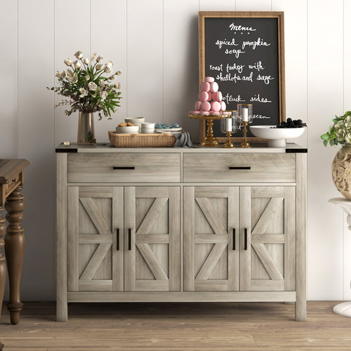 Farmhouse Buffet Cabinet Sideboard with 2 Drawers, 2 Storage Cabinets and Adjustable Shelves, Grey