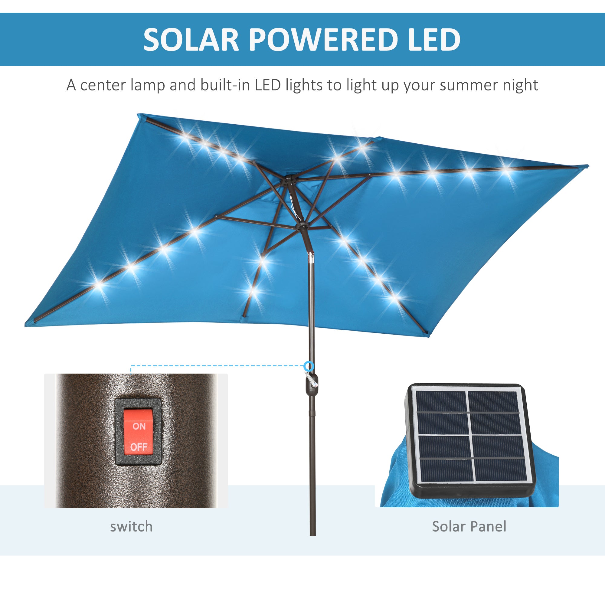 6.5x10ft Patio Umbrella Rectangle Solar Powered Tilt Aluminum Outdoor Market Parasol with LEDs Crank (Turquoise) Sun Umbrellas at Gallery Canada