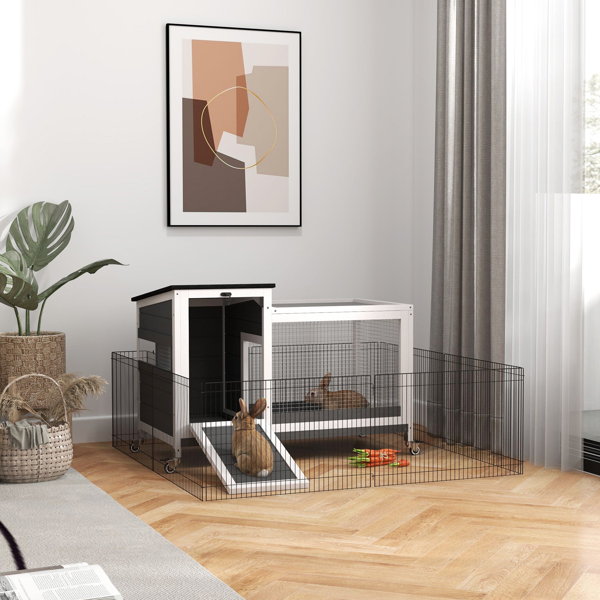 Wooden Rabbit Hutch with Pull-Out Tray, Asphalt Openable Roof, Small Animal Cage on Wheels with Run, Grey Rabbit Hutch at Gallery Canada
