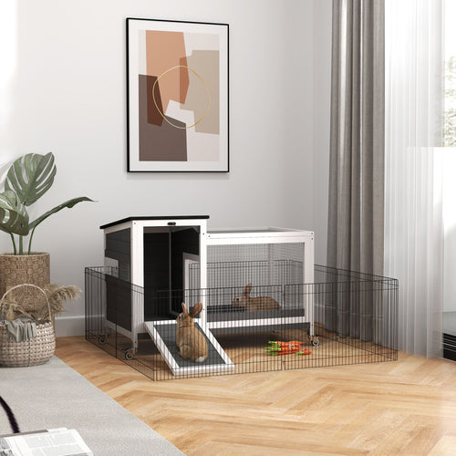 Wooden Rabbit Hutch with Pull-Out Tray, Asphalt Openable Roof, Small Animal Cage on Wheels with Run, Grey