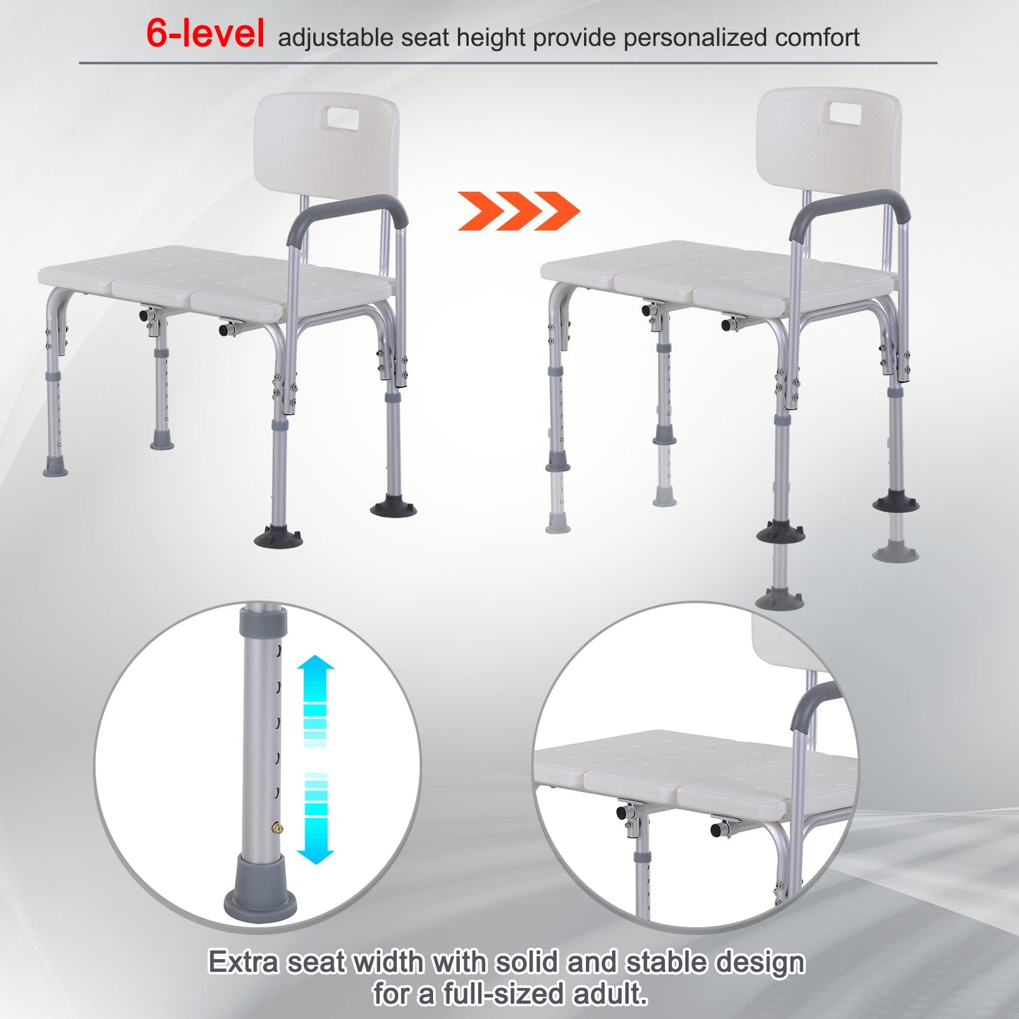 6-Level Adjustable Bath and Shower Transfer Bench Aluminum Chair with Non-Slip Feet, Armrest &; Backrest, White Bath Chairs   at Gallery Canada