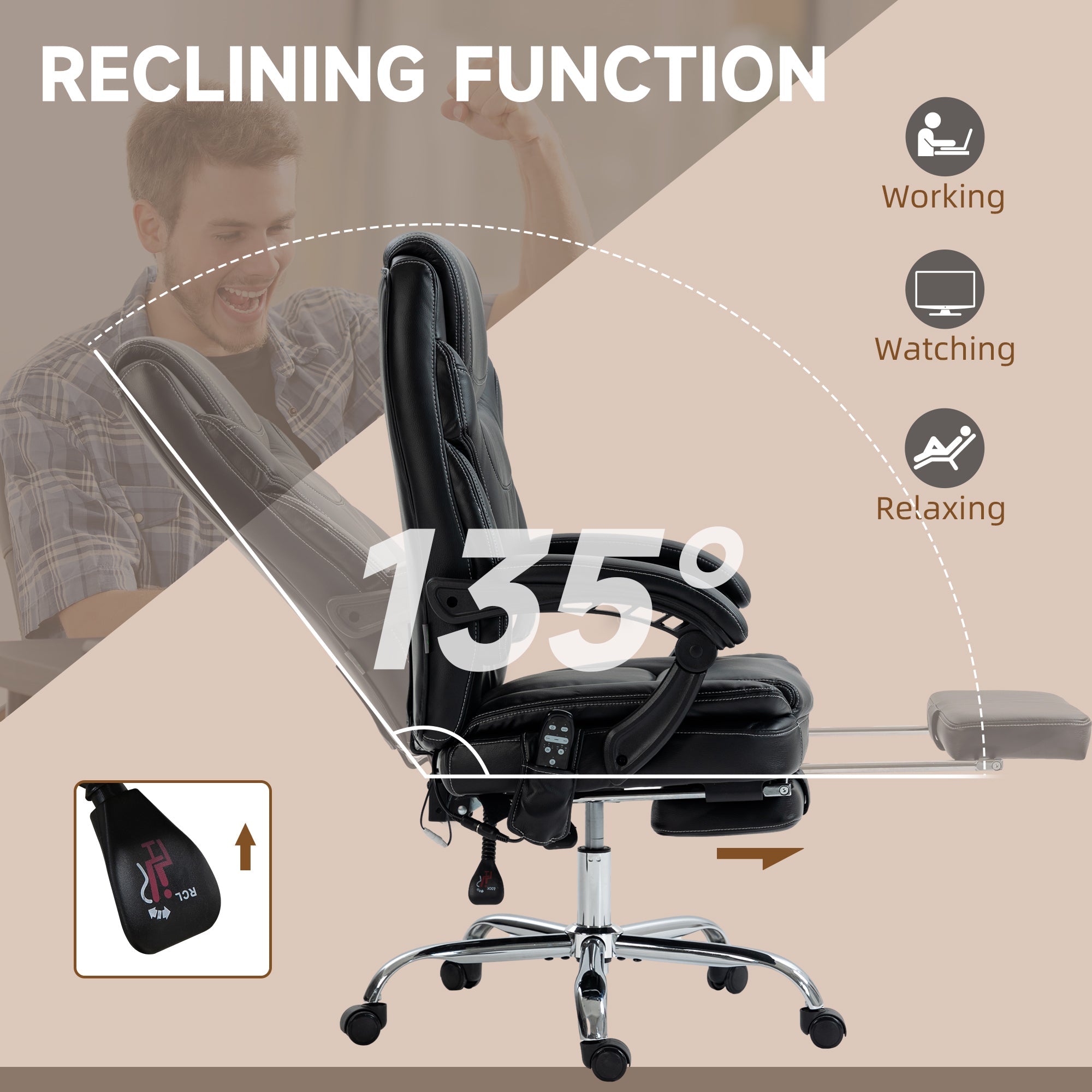 6 Point Vibration Massage Office Chair, PU Leather Heated Reclining Computer Chair with Footrest, Black Massage Chairs   at Gallery Canada