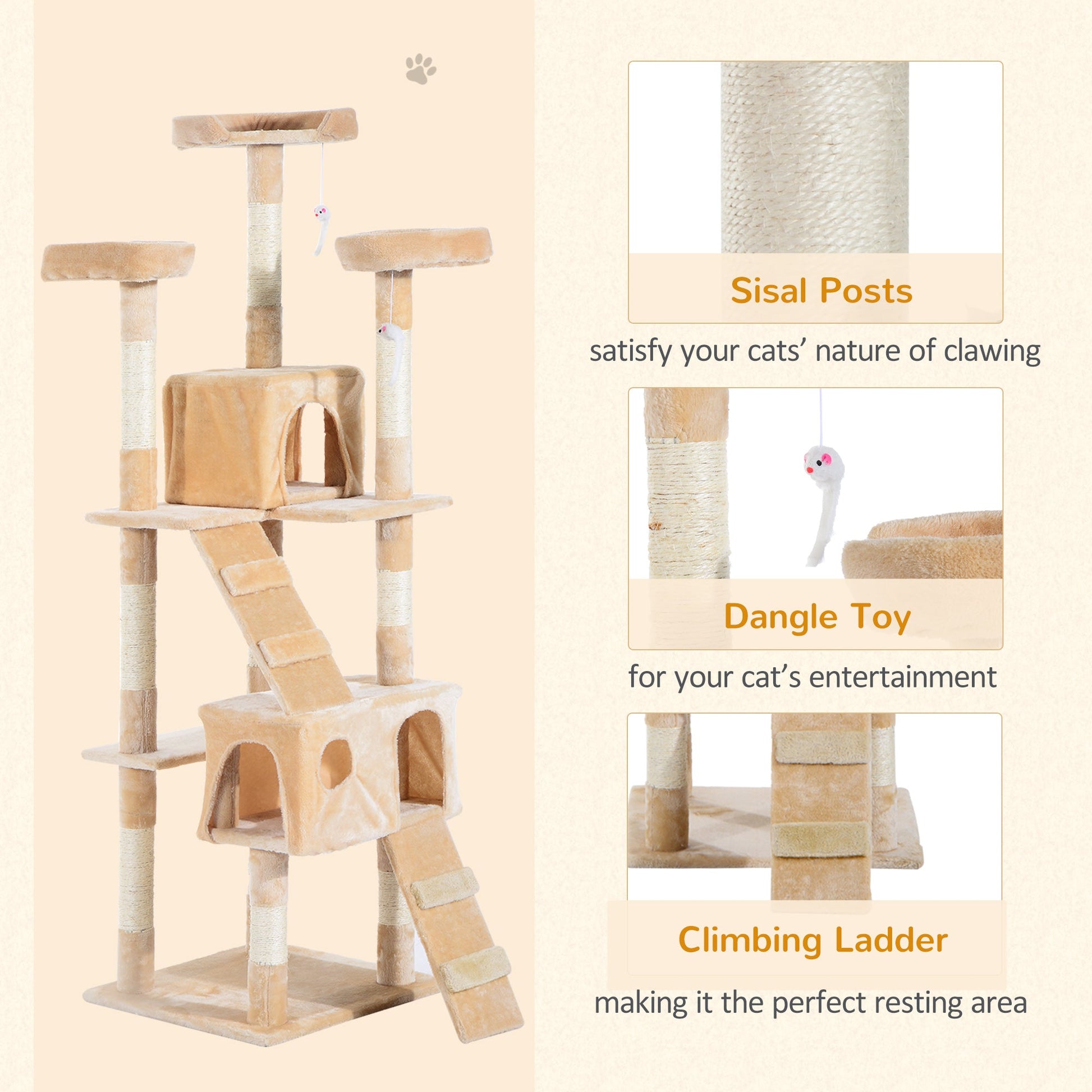 67-inch Multi-Level Cat Scratching Tree Kitty Activity Center Post Tower Condo Pet Furniture w/ Toy Beige Cat Towers   at Gallery Canada