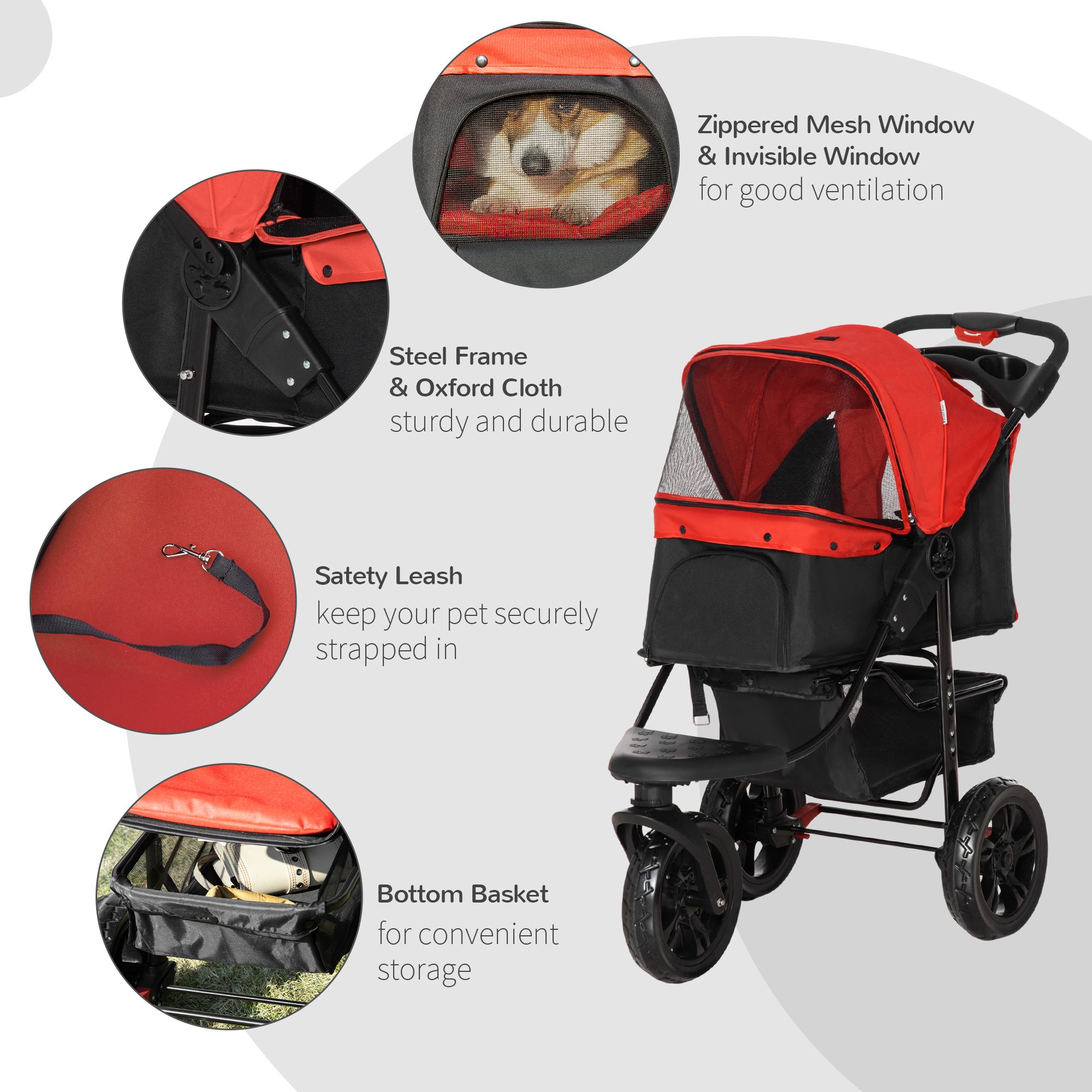 3 Wheel Folding Dog Stroller, Jogger Travel Carrier with Adjustable Canopy, Storage Brake, Mesh Window for S&;M Dogs, Red Dog Bike Trailers & Strollers at Gallery Canada