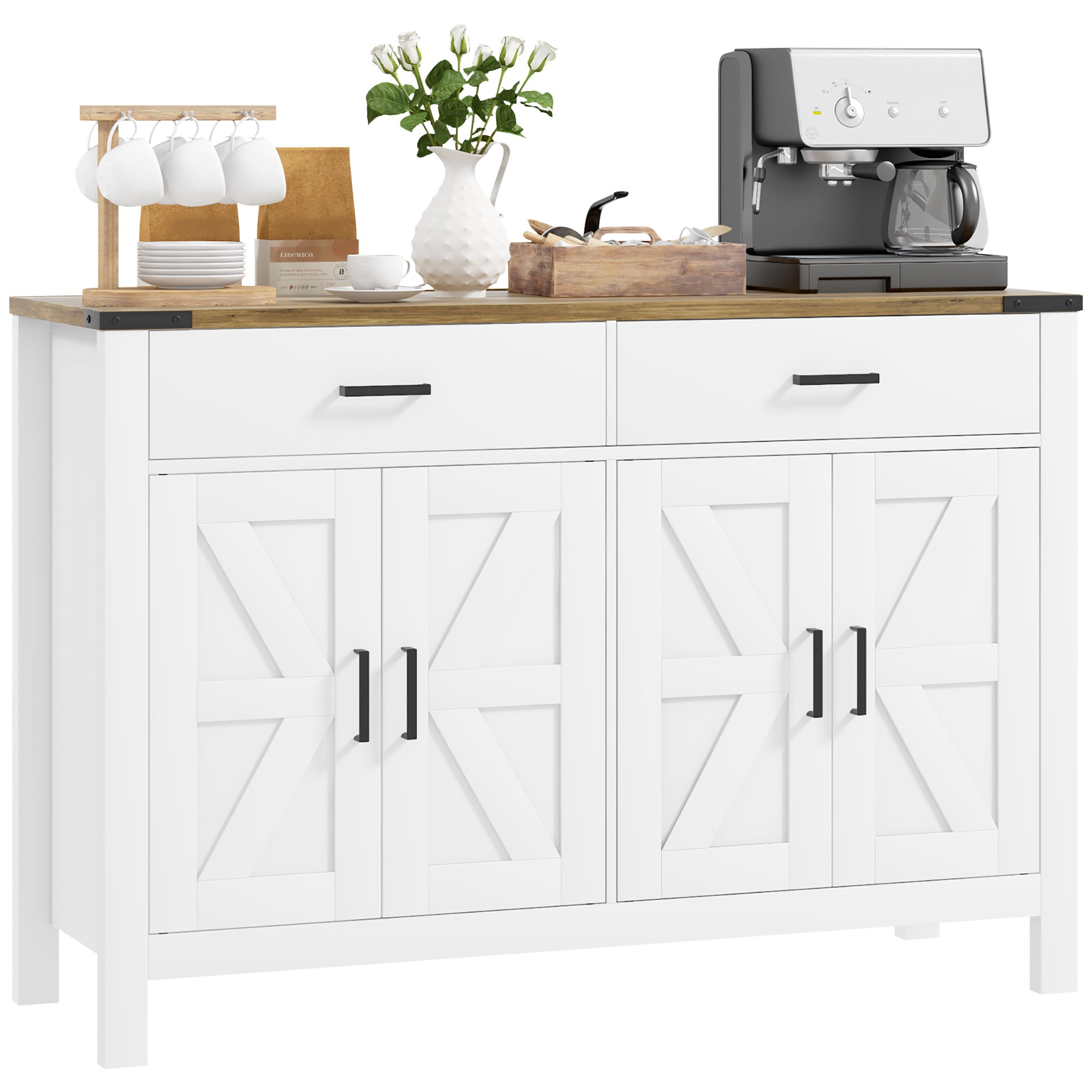 Farmhouse Buffet Cabinet Sideboard with 2 Drawers, 2 Storage Cabinets and Adjustable Shelves, White Bar Cabinets   at Gallery Canada