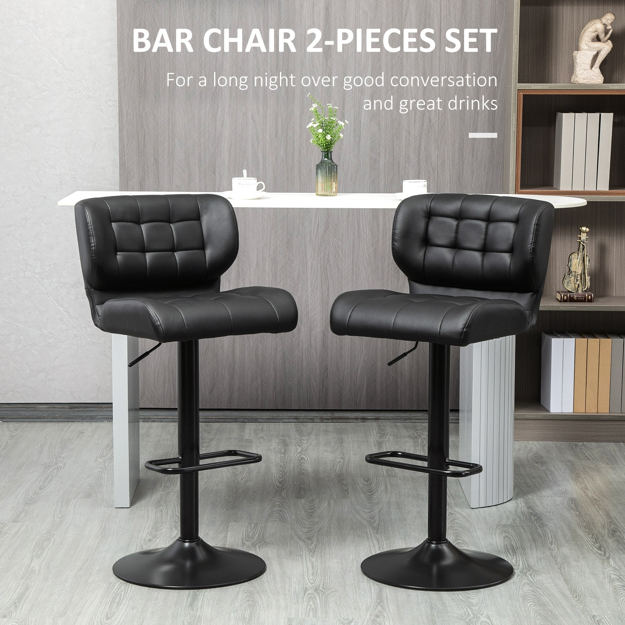 Adjustable Bar Stools Set of 2, Swivel Tufted PU Leather Barstools with Footrest and Back, for Kitchen Counter and Dining Room, Black Bar Stools   at Gallery Canada