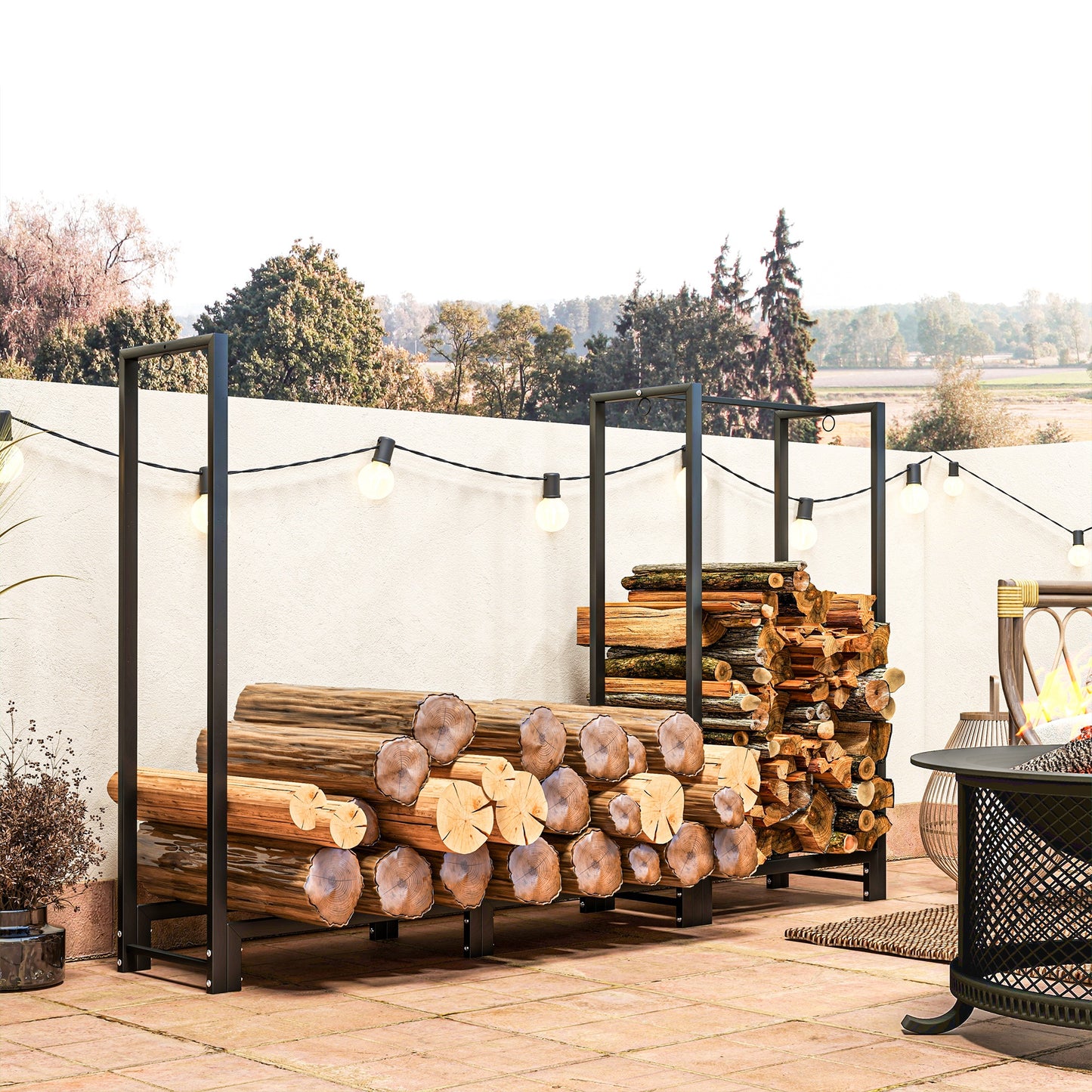 6ft Firewood Rack with Dual Space and Lock Rings, Steel Log Holder for Outdoor Indoor, Black Firewood Racks Black  at Gallery Canada