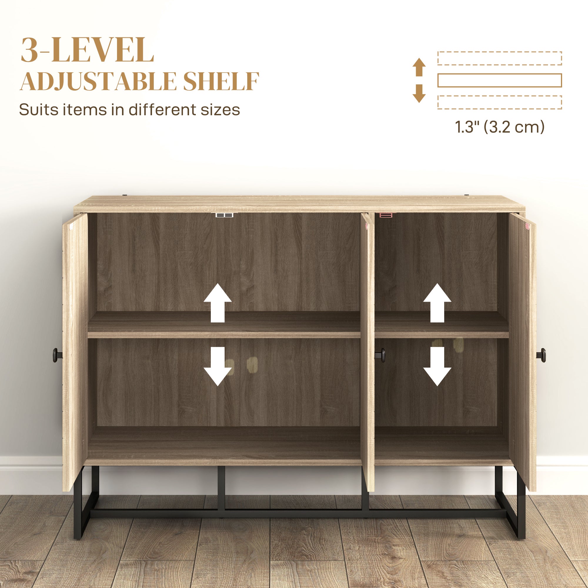 Modern Sideboard, Buffet Cabinet with Adjustable Shelves, 3 Chevron Doors for Living Room, Hallway, Oak Wood Grain Storage Cabinets at Gallery Canada