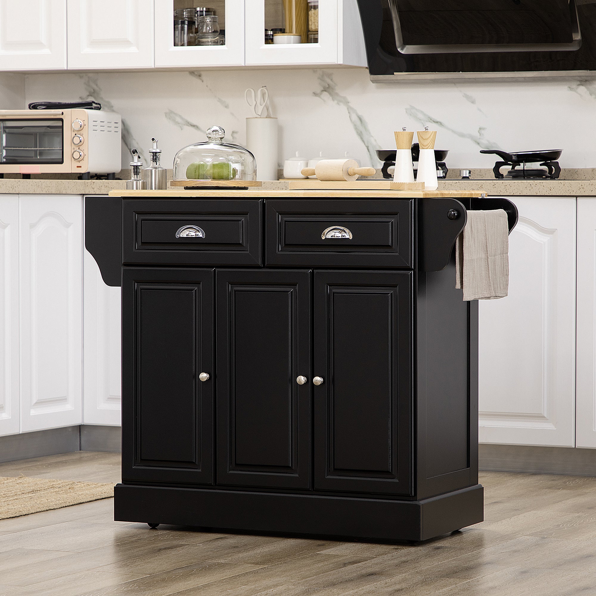 Kitchen Island with Storage Rolling Kitchen Serving Cart with Rubber Wood Top Towel Rack Storage Drawer Cabinet Black Kitchen Islands & Kitchen Carts   at Gallery Canada