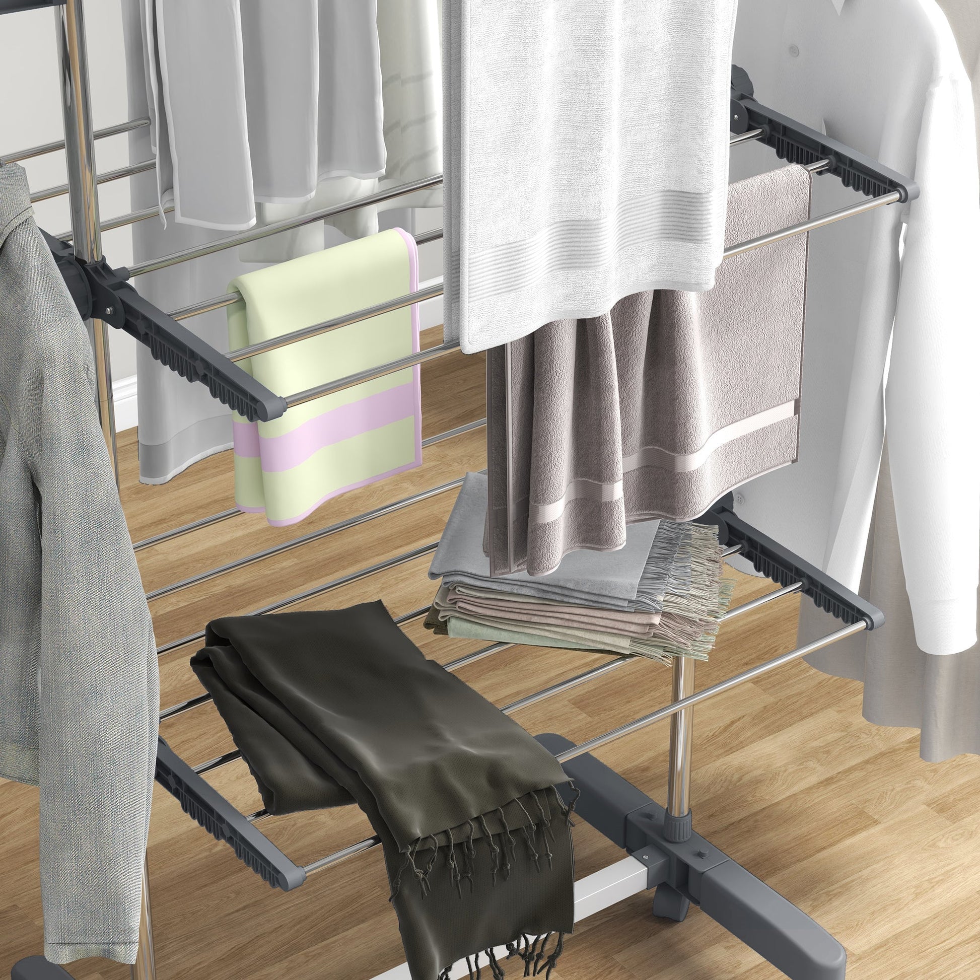 Stainless Steel 3-Tier Collapsible Clothes Drying Rack with Wheels, Grey Bath Accessories   at Gallery Canada