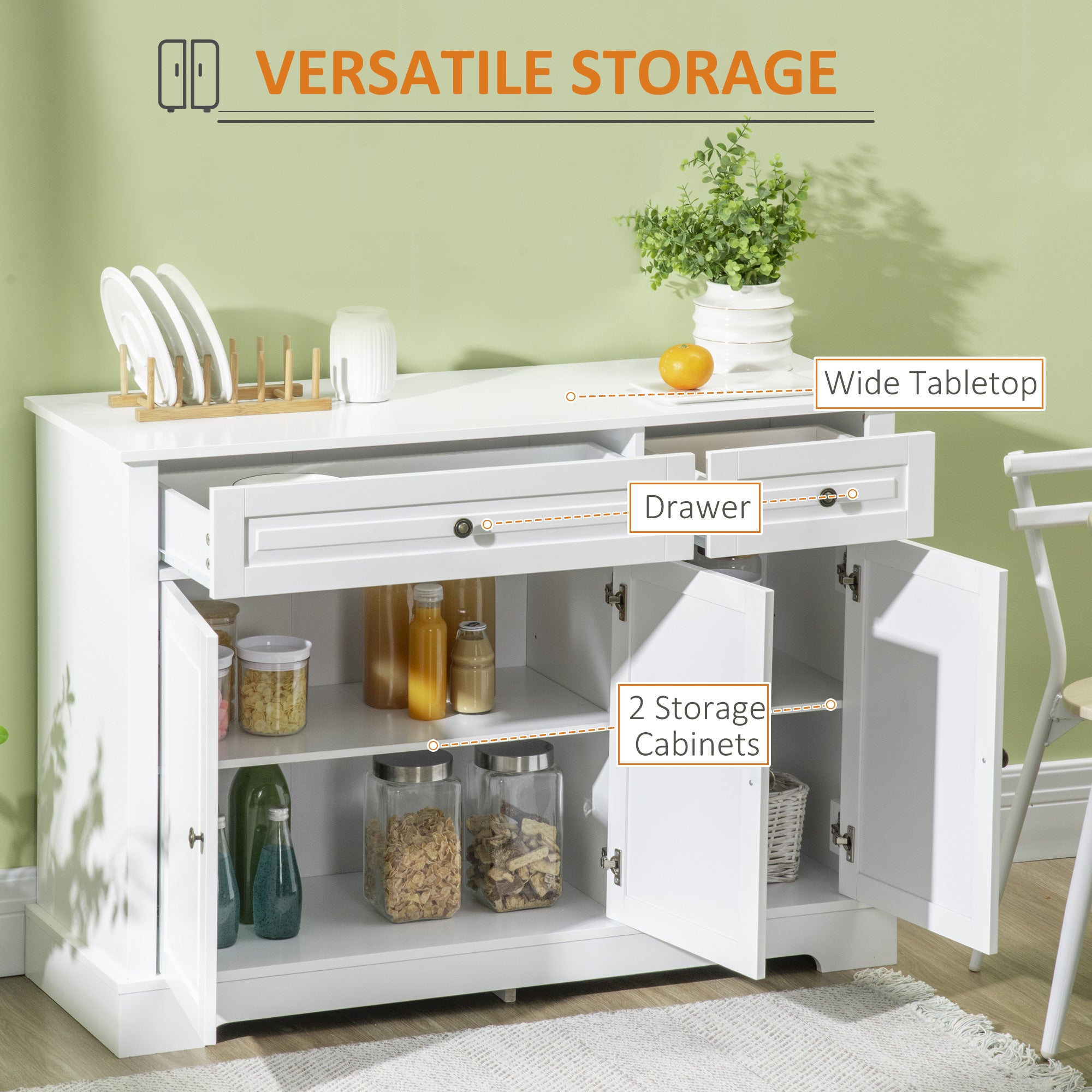 Modern Sideboard Cabinet, Buffet Cabinet with 2 Drawers and Adjustable Shelves, Buffets Tables for Dining Room, White Bar Cabinets at Gallery Canada