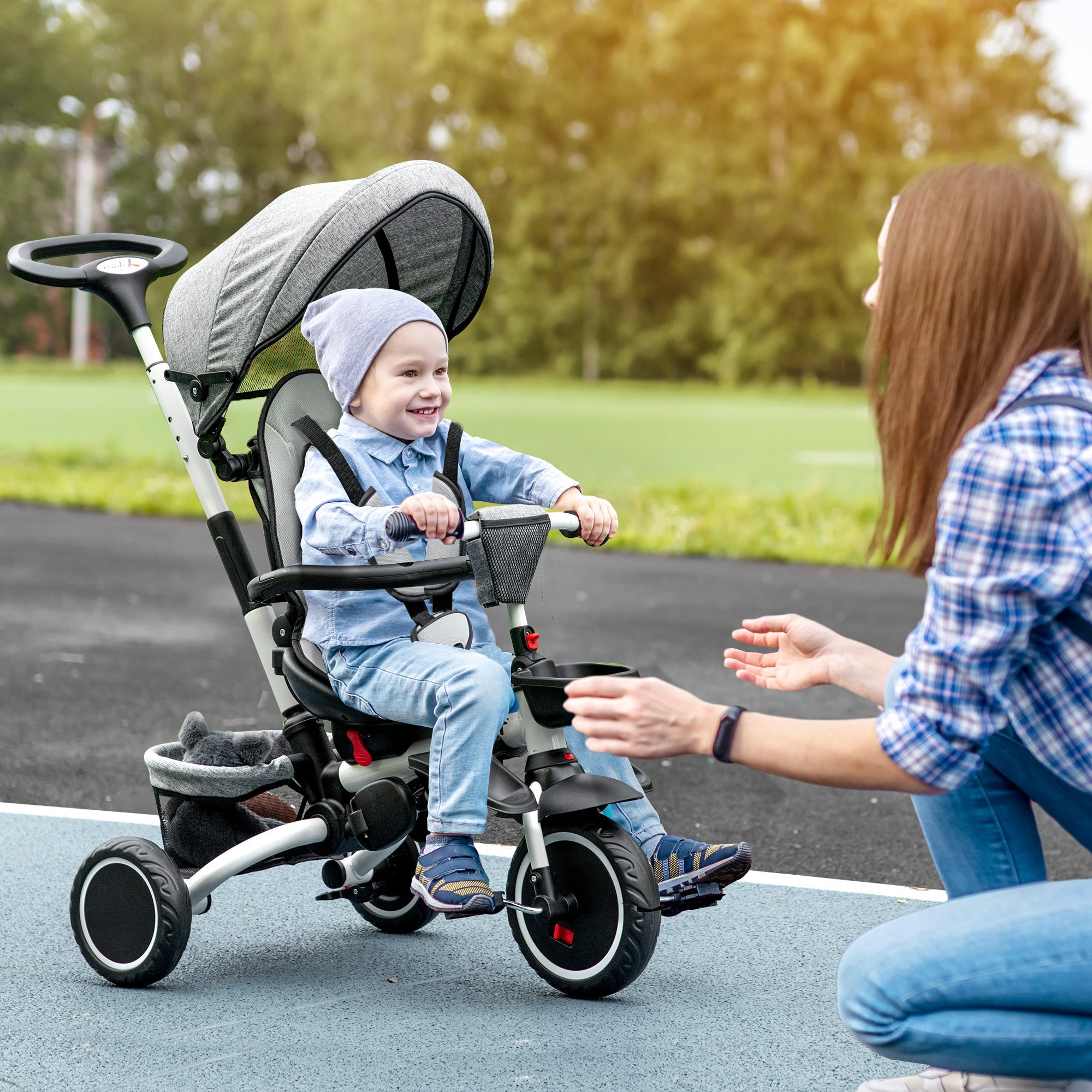 6-in-1 Toddler Tricycle for 12-50 Months, Foldable Kids Trike with Adjustable Seat and Push Handle, Safety Harness, Removable Canopy, Footrest, Grey Tricycles for Kids   at Gallery Canada