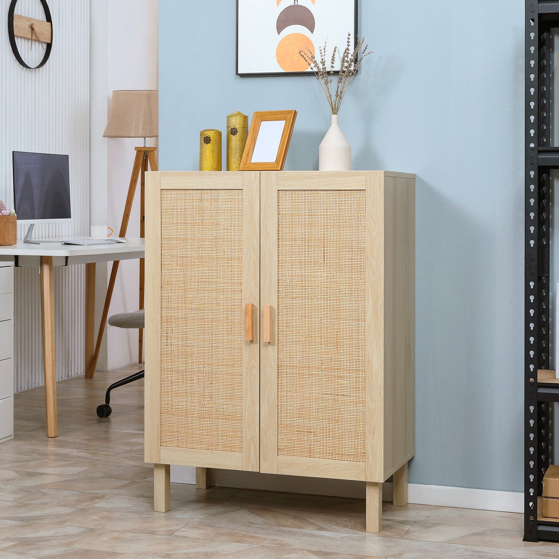 Boho Storage Cabinet, Kitchen Cabinet with Rattan Doors and Adjustable Shelf, Cupboard Organization, Natural Storage Cabinets   at Gallery Canada