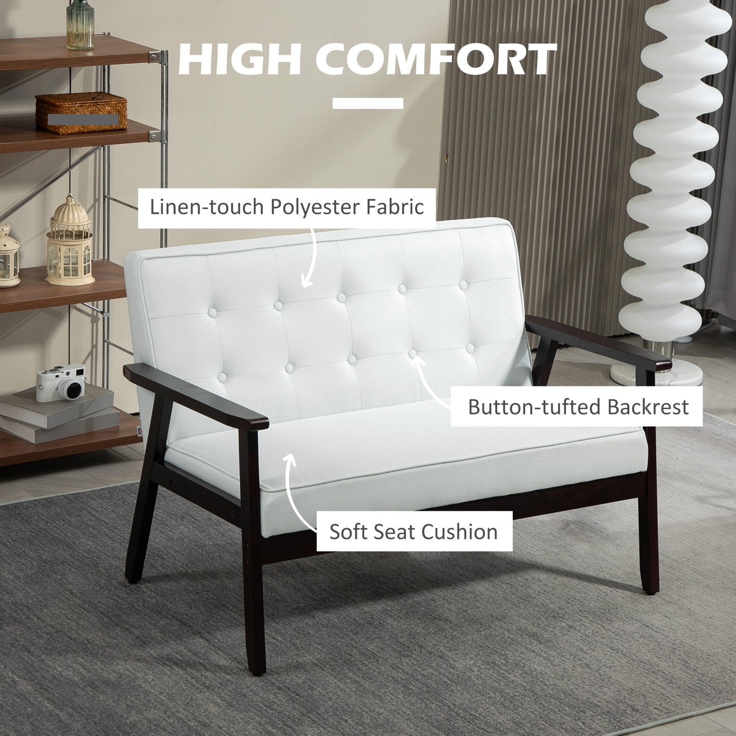 44.5" 2 Seat Sofa for Bedroom, Modern Upholstered Loveseat with Button Tufted Back and Wood Legs, Cream White 2-Seater Sofas at Gallery Canada