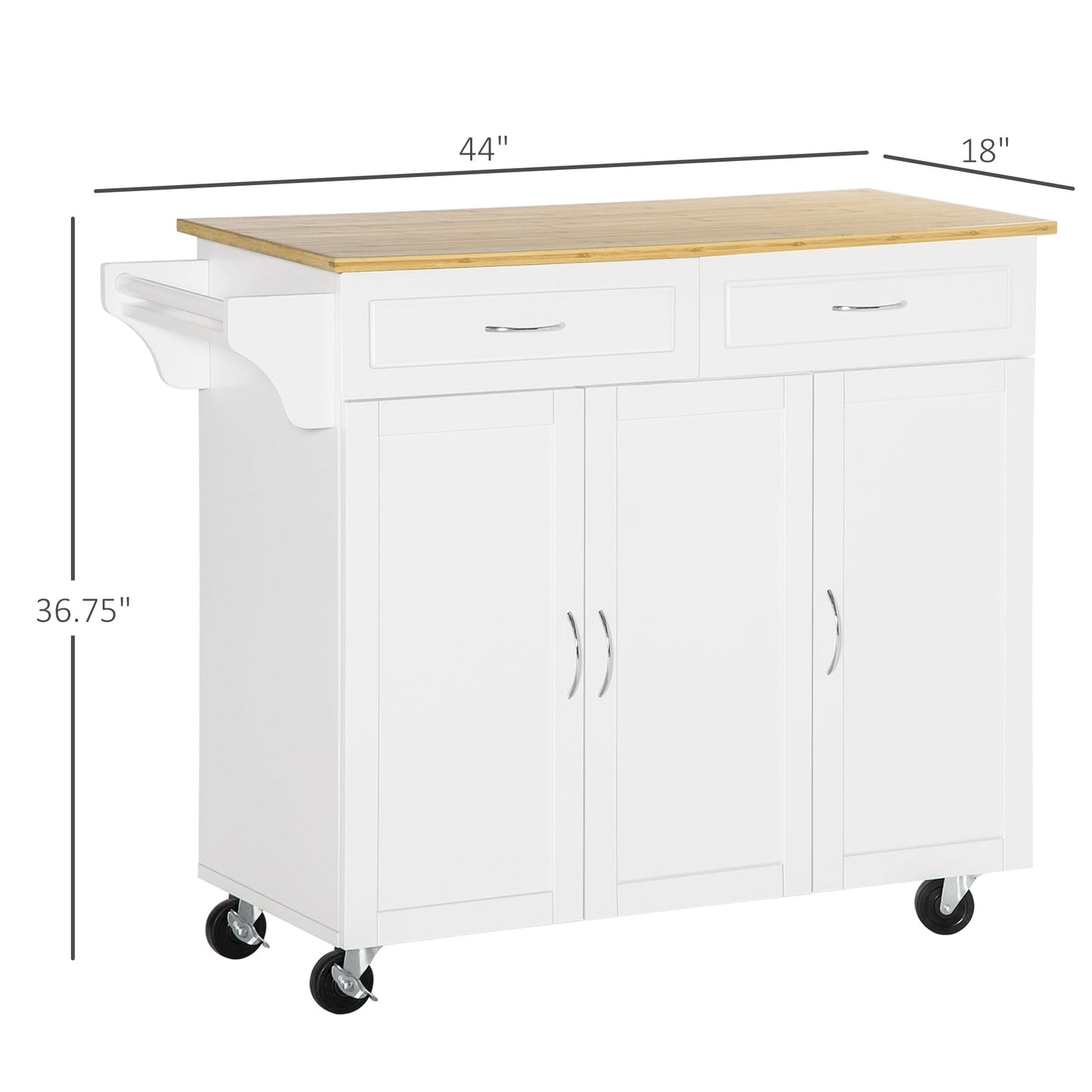 Rolling Kitchen Island Cart on Wheels with Large Bamboo Countertop, 2 Cabinets with Drawers, Adjustable Shelves, White Kitchen Islands & Kitchen Carts   at Gallery Canada