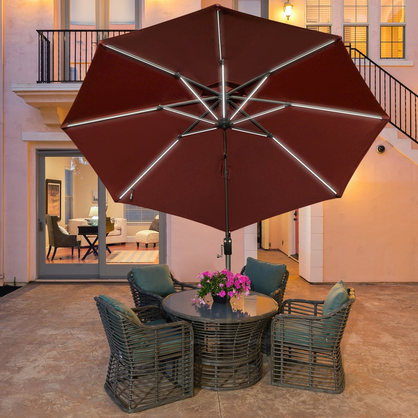 Solar LED Cantilever Sun Umbrella, 360° Rotation, Adjustable Angle, Wine Red Cantilever Umbrellas   at Gallery Canada