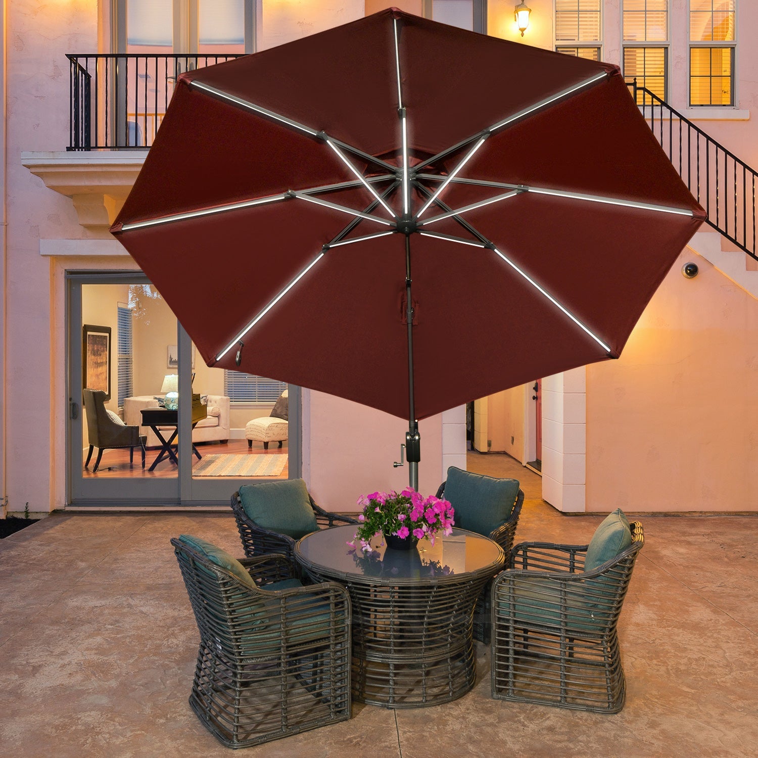 Solar LED Cantilever Sun Umbrella, 360° Rotation, Adjustable Angle, Wine Red Cantilever Umbrellas   at Gallery Canada