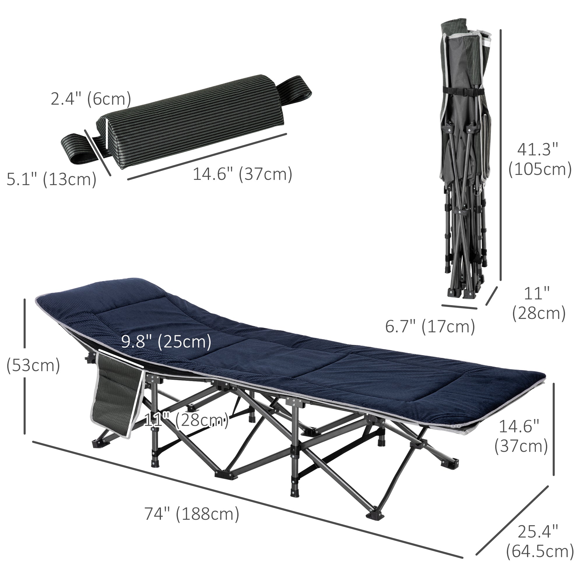 Folding Camping Cot with Mattress &; Pillow, Double Layer Oxford Heavy Duty Sleeping Cot with Carry Bag Grey and Blue Camping Cots at Gallery Canada