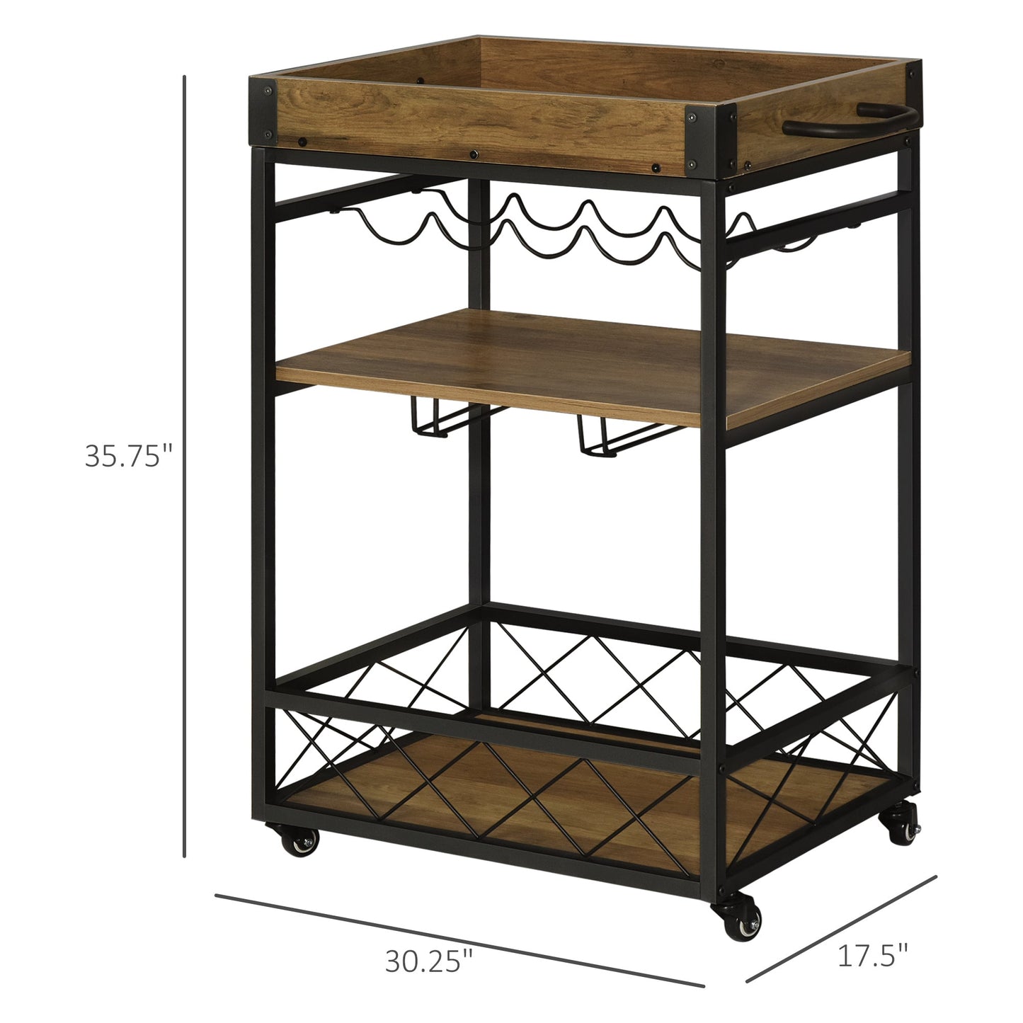 Retro Industrial Bar Serving Cart Rolling Kitchen Island Storage Utility Trolley with 5-bottle Wine Rack &; Serving Tray Kitchen Islands & Kitchen Carts   at Gallery Canada