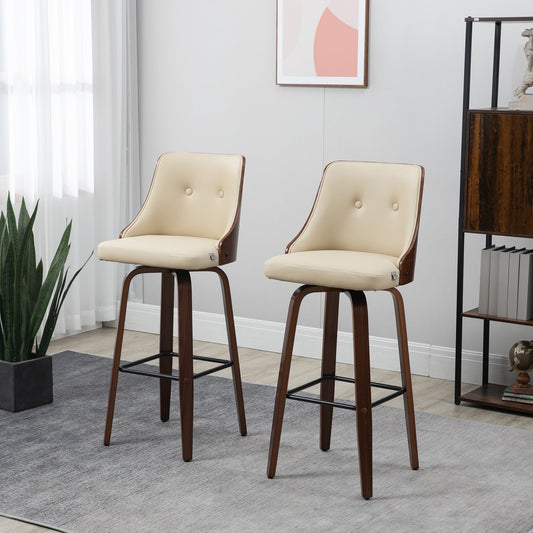 Bar Height Bar Stools Set of 2 PU Leather Swivel Barstools with Footrest and Tufted Back, Beige - Gallery Canada