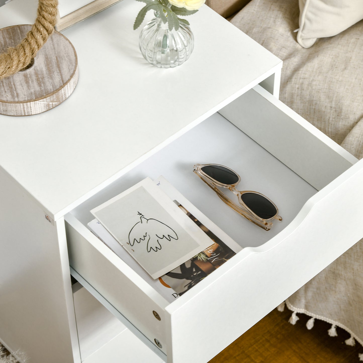 Bedside Table, Modern Nightstand with 3 Drawers, Side End Table with Wood Legs for Living Room, Bedroom, White Bedside Tables   at Gallery Canada