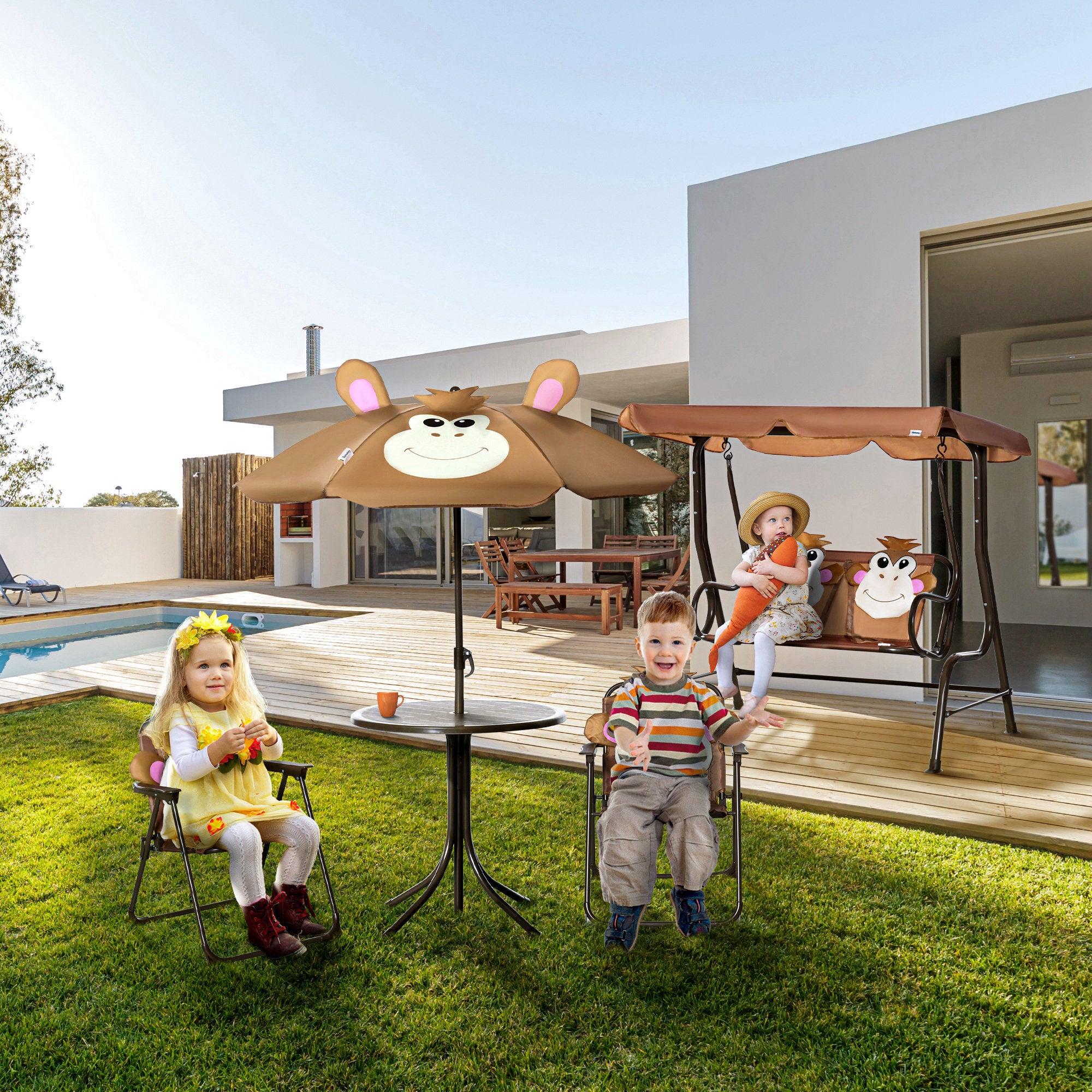 Kids Folding Picnic Table and Chair Set Pattern Outdoor Garden Patio Backyard with Removable &; Height Adjustable Sun Umbrella Brown Kids Outdoor Furniture at Gallery Canada