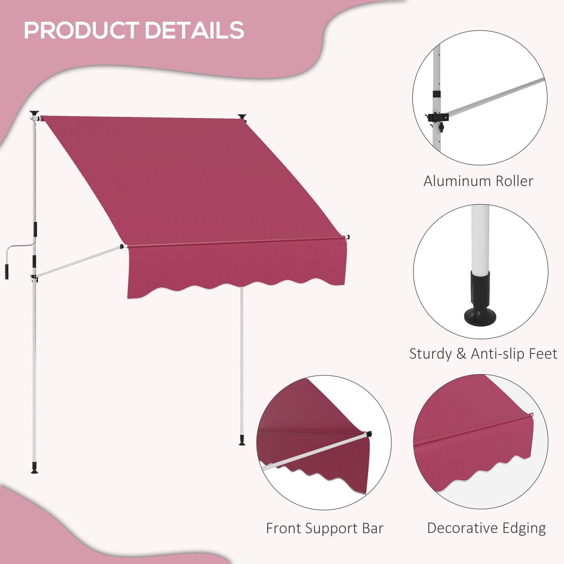 6.6'x5' Manual Retractable Patio Awning Sun Shelter Window Door Deck Canopy, Water Resistant UV Protector, Wine Red Patio Awnings   at Gallery Canada