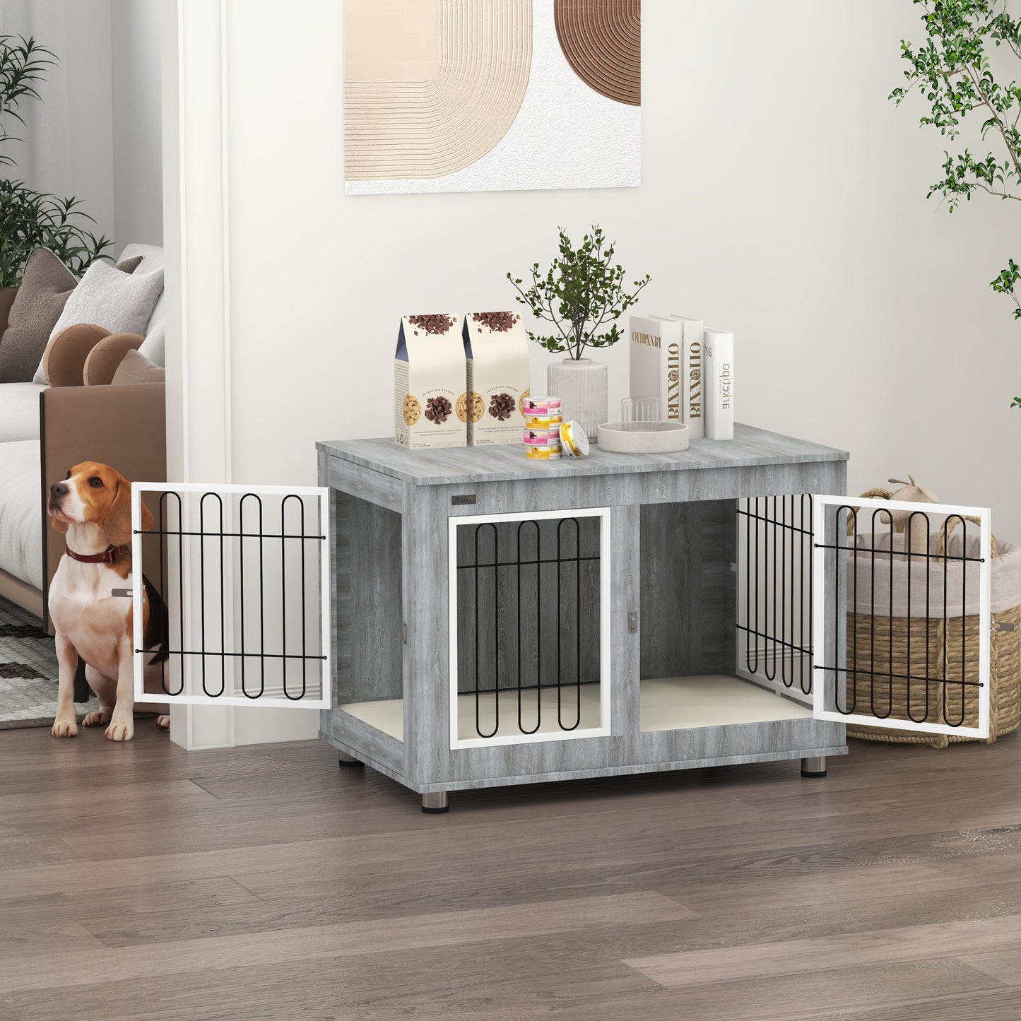 Pet Crate Side End Table for Indoor Use with Cushion, Double Doors, Grey Houses, Kennels & Pens   at Gallery Canada