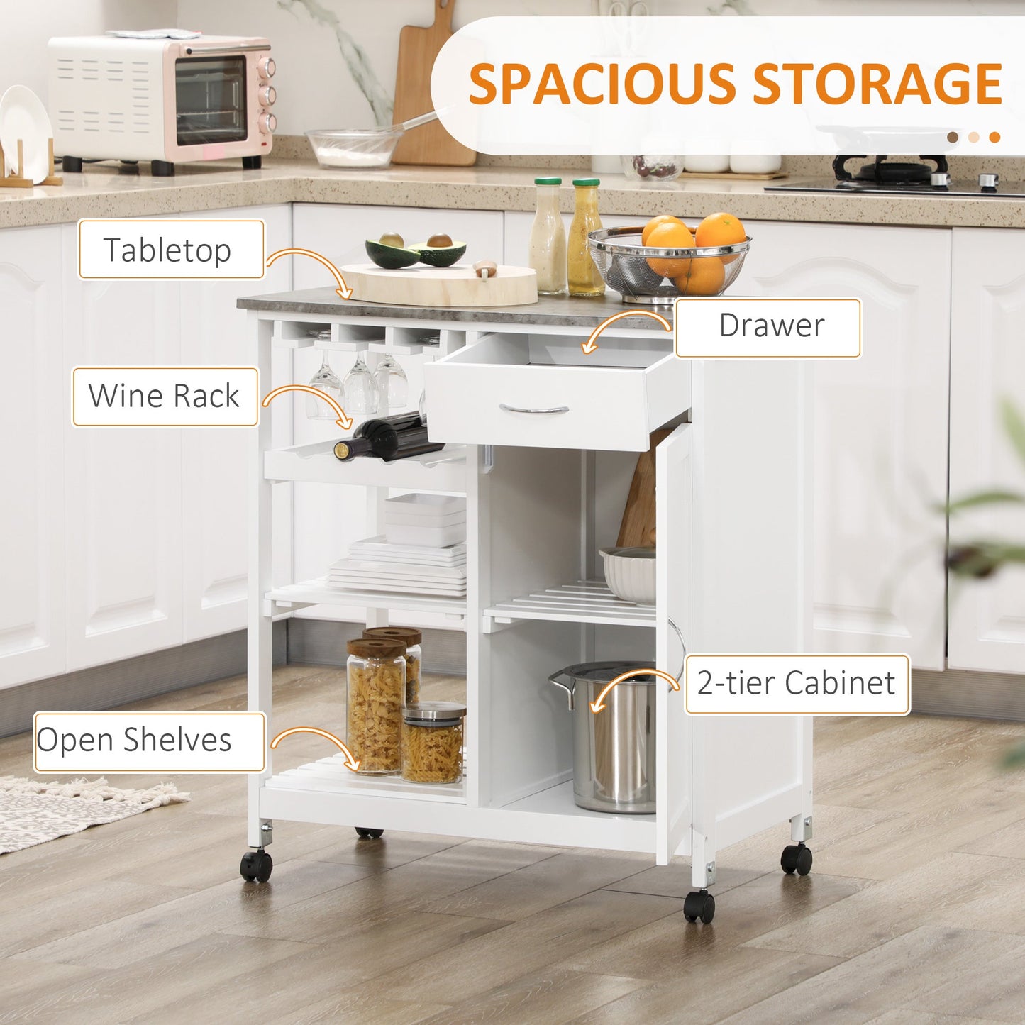 Rolling Kitchen Cart, Bar Cart on Wheels with Wine Rack, Drawer, Open Shelves, Cabinet and Faux Marble Top, Kitchen Island with Storage, White Kitchen Islands & Kitchen Carts   at Gallery Canada