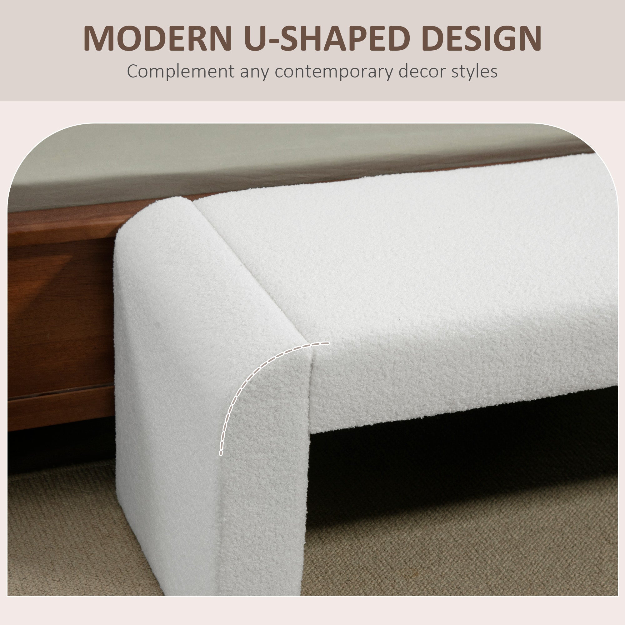 Upholstered Bedroom Bench, Boucle End of Bed Bench, Modern U-Shaped Entryway Bench, 47 x 18 x 18 Inches, White Storage Ottomans & Benches at Gallery Canada