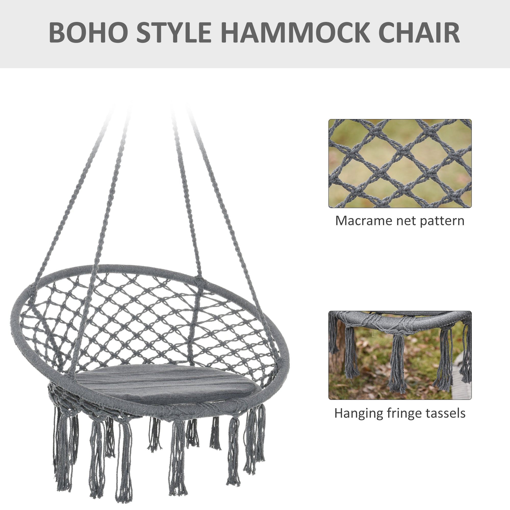 Patio Hammock Chair, Hanging Rope Hammock Swing for Indoor &; Outdoor Use with Backrest, Cotton-Polyester Blend, Fringe Tassels, Dark Grey Hammock Swings at Gallery Canada