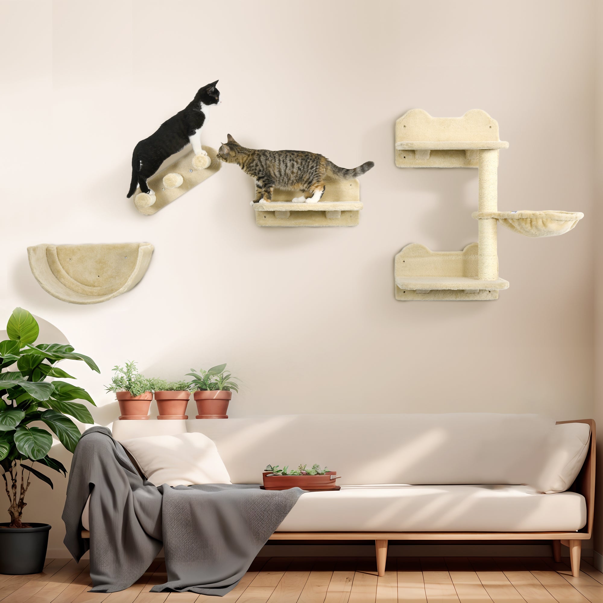Cat Wall Shelves, 3PCs Cat Shelves with Hammock, Scratching Post, 3 Steps, Jumping Platforms, Wall Mounted Cat Climber, Beige Cat Climbing Wall at Gallery Canada