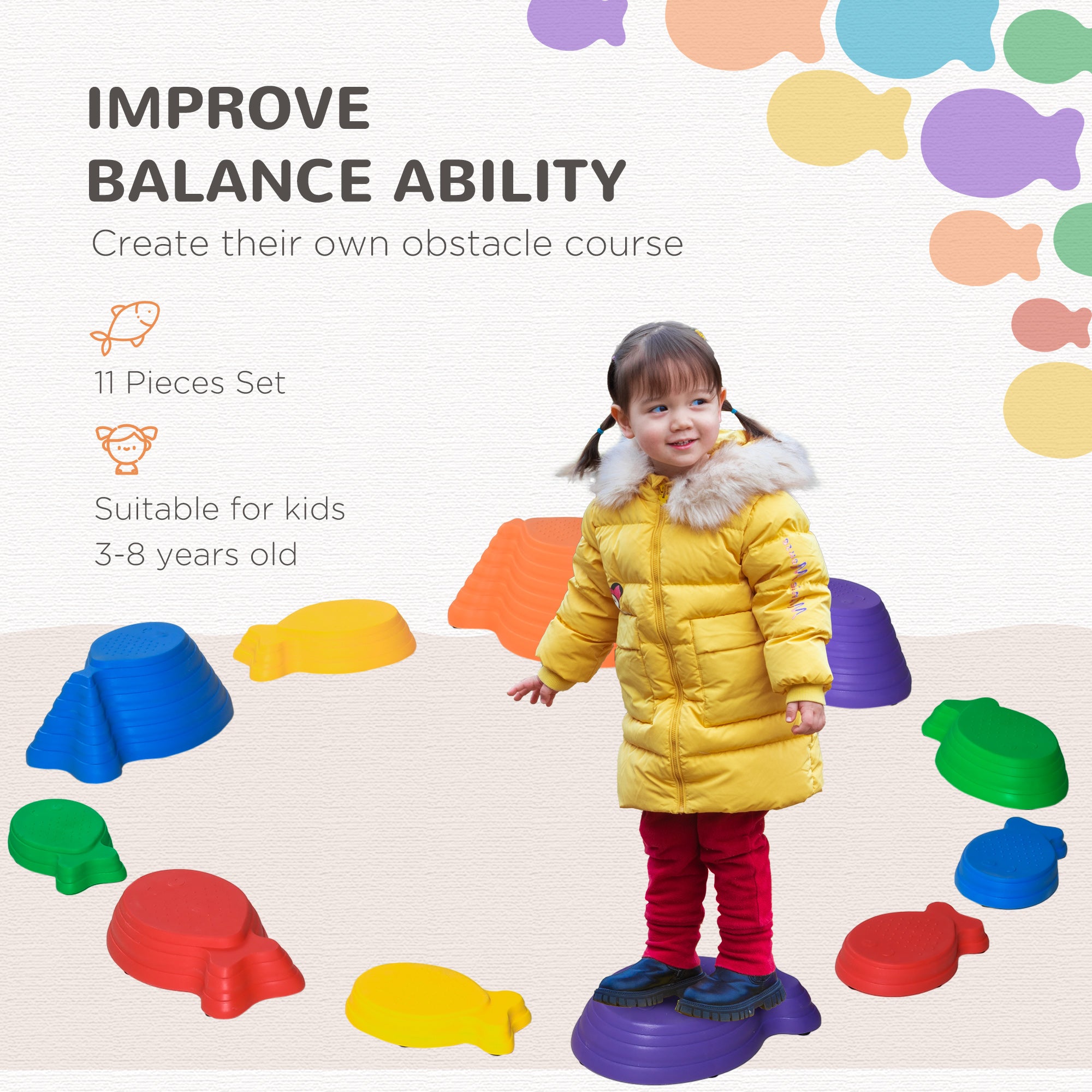 11pcs Balance Stepping Stones for Kids, Fish Style Non-slip Obstacle Course, Larger Size Stackable Balance Blocks Indoor Outdoor Gym Sets & Swings at Gallery Canada